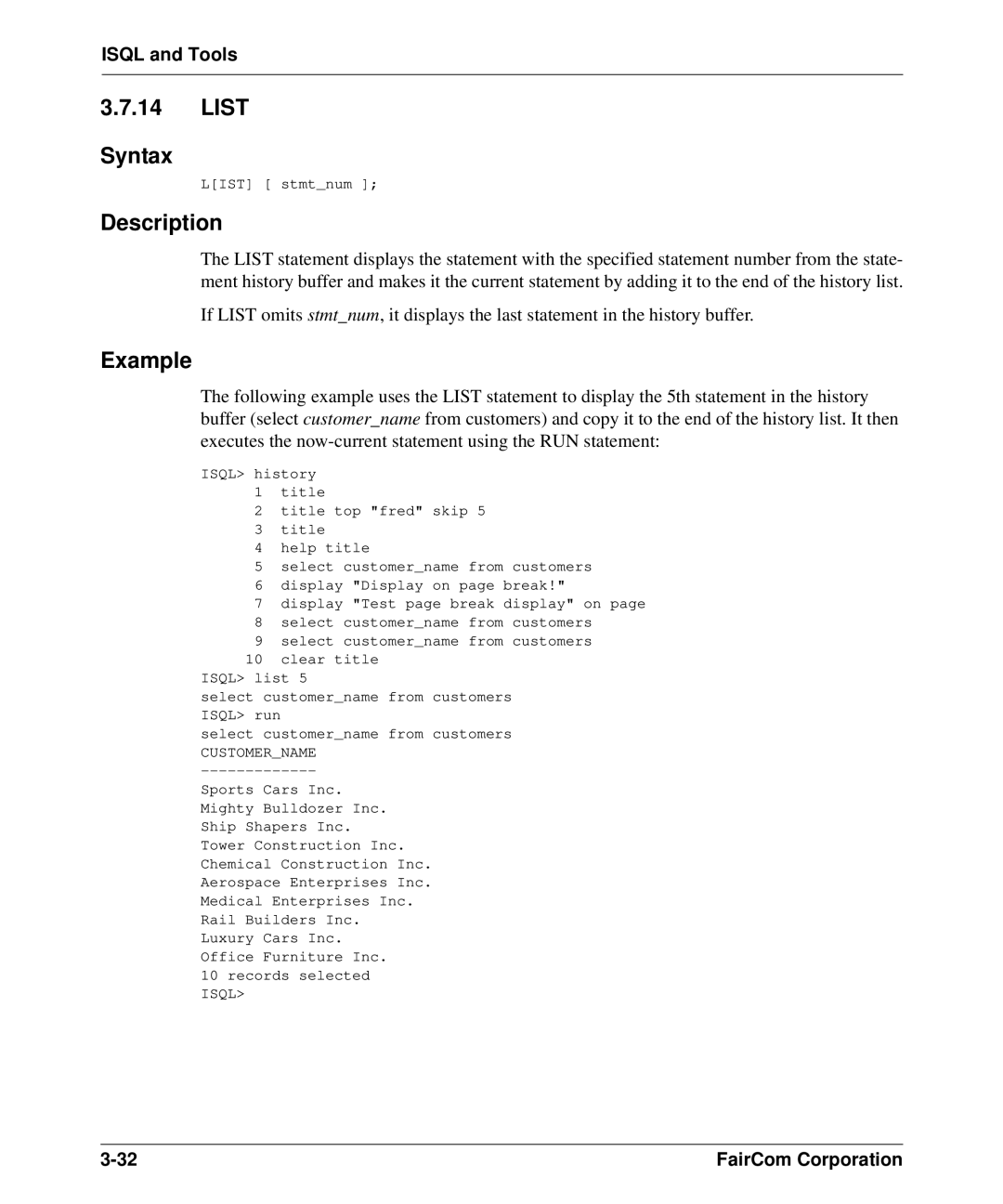 HP c-tree-SQL ISQL and Tools manual List Syntax 