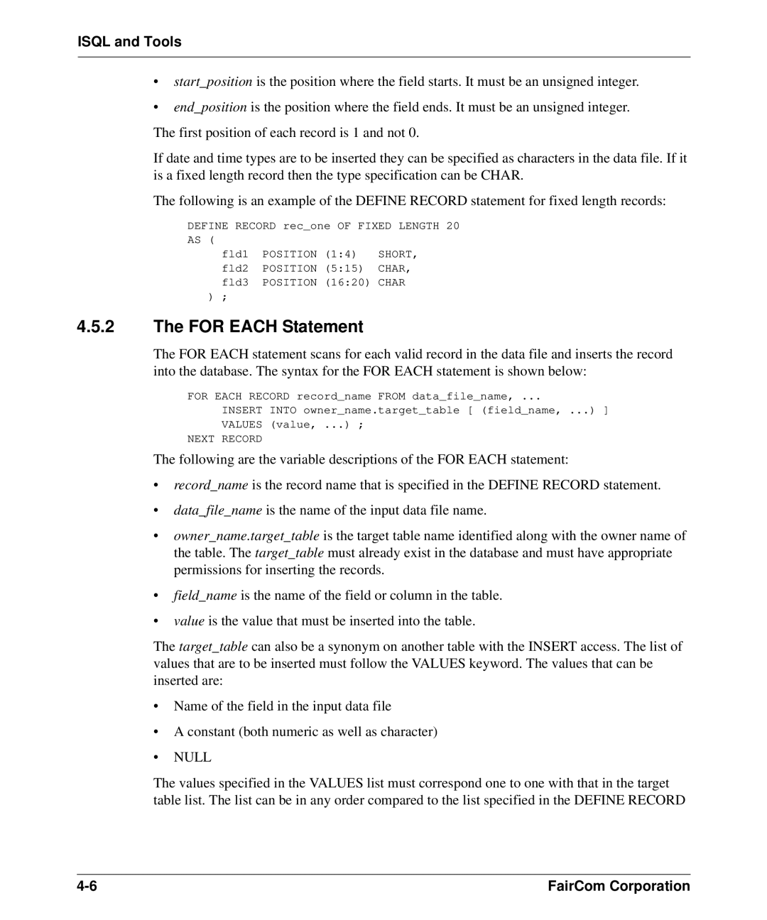 HP c-tree-SQL ISQL and Tools manual For Each Statement, Null 