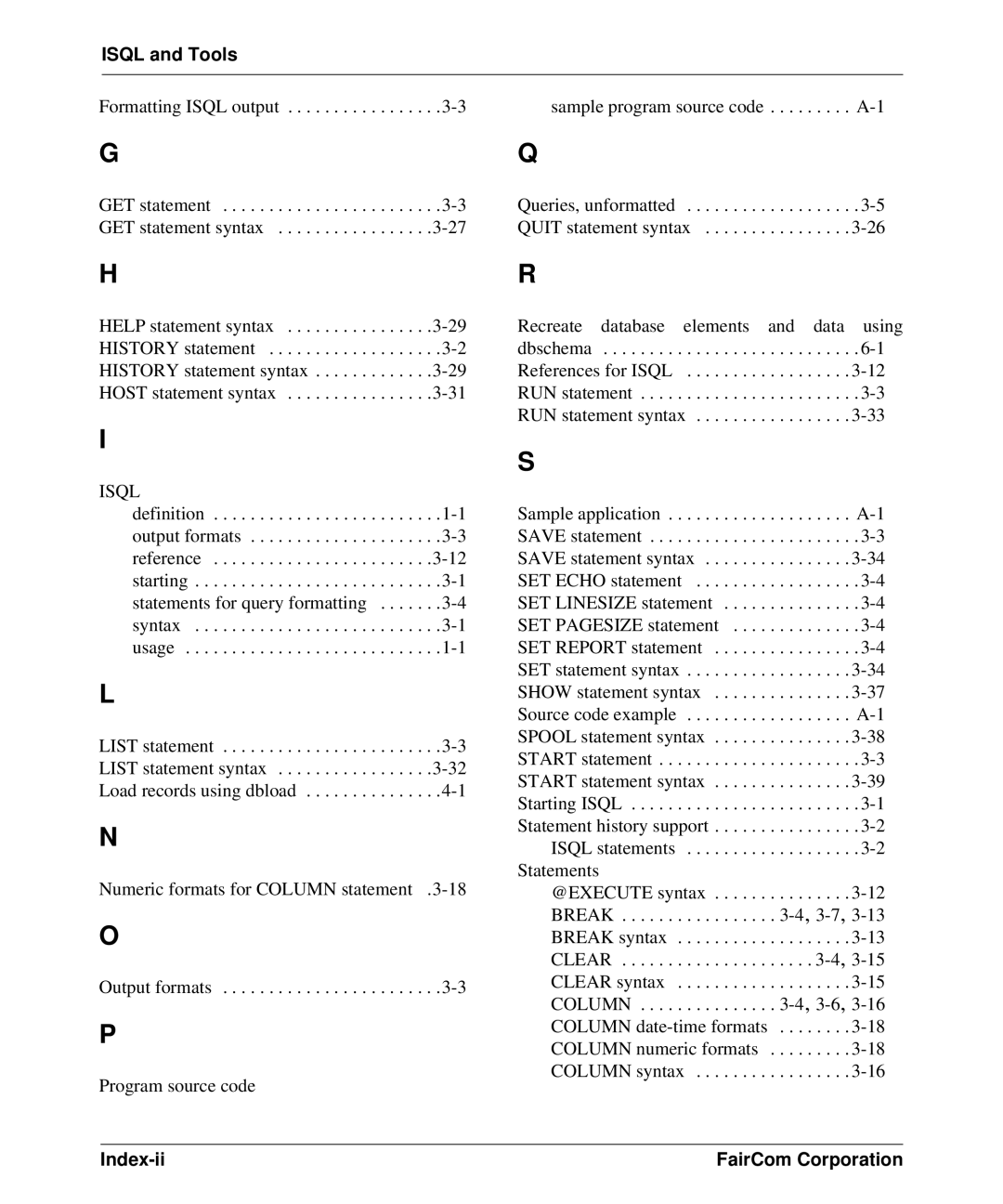 HP c-tree-SQL ISQL and Tools manual Isql, Index-ii FairCom Corporation 