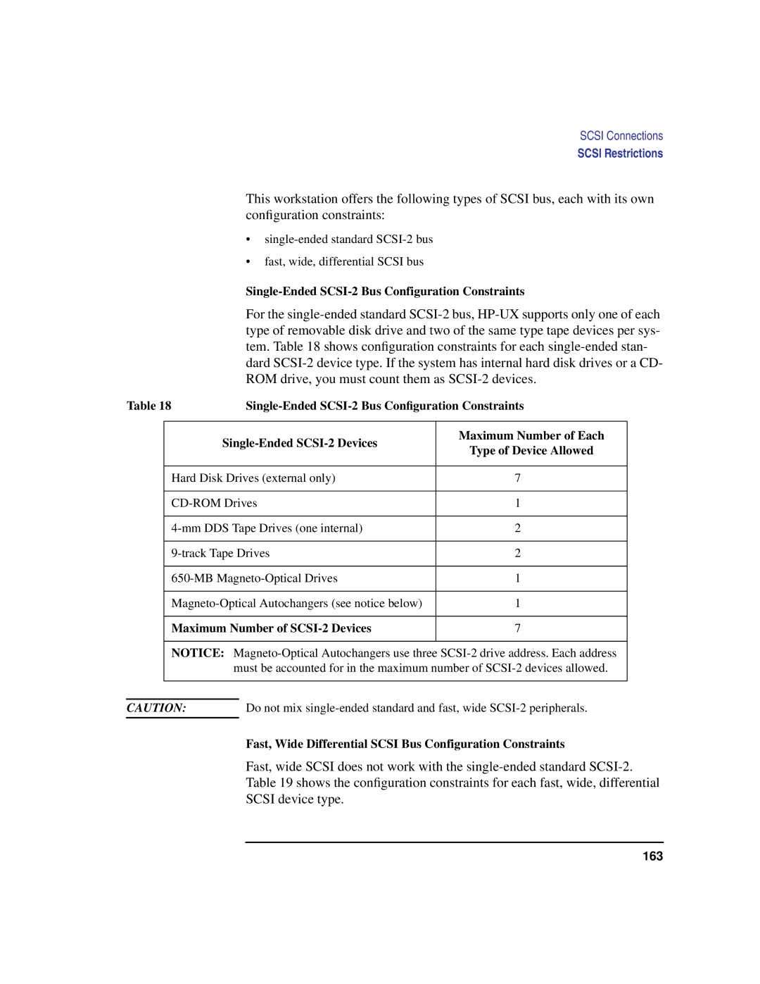 HP C100/110 manual Single-Ended SCSI-2 Bus Configuration Constraints, Single-Ended SCSI-2 Bus Conﬁguration Constraints 