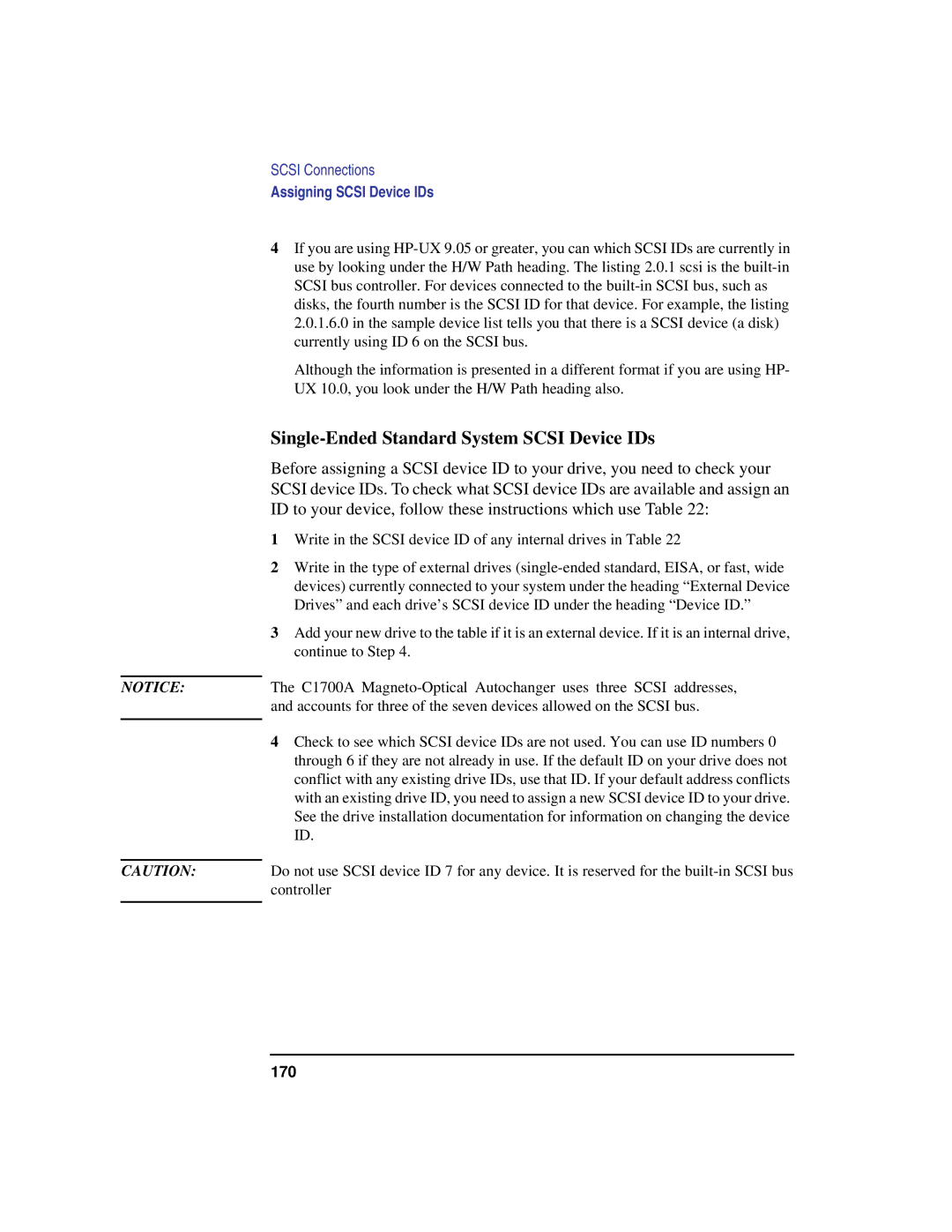 HP C100/110 manual Single-Ended Standard System Scsi Device IDs, 170 