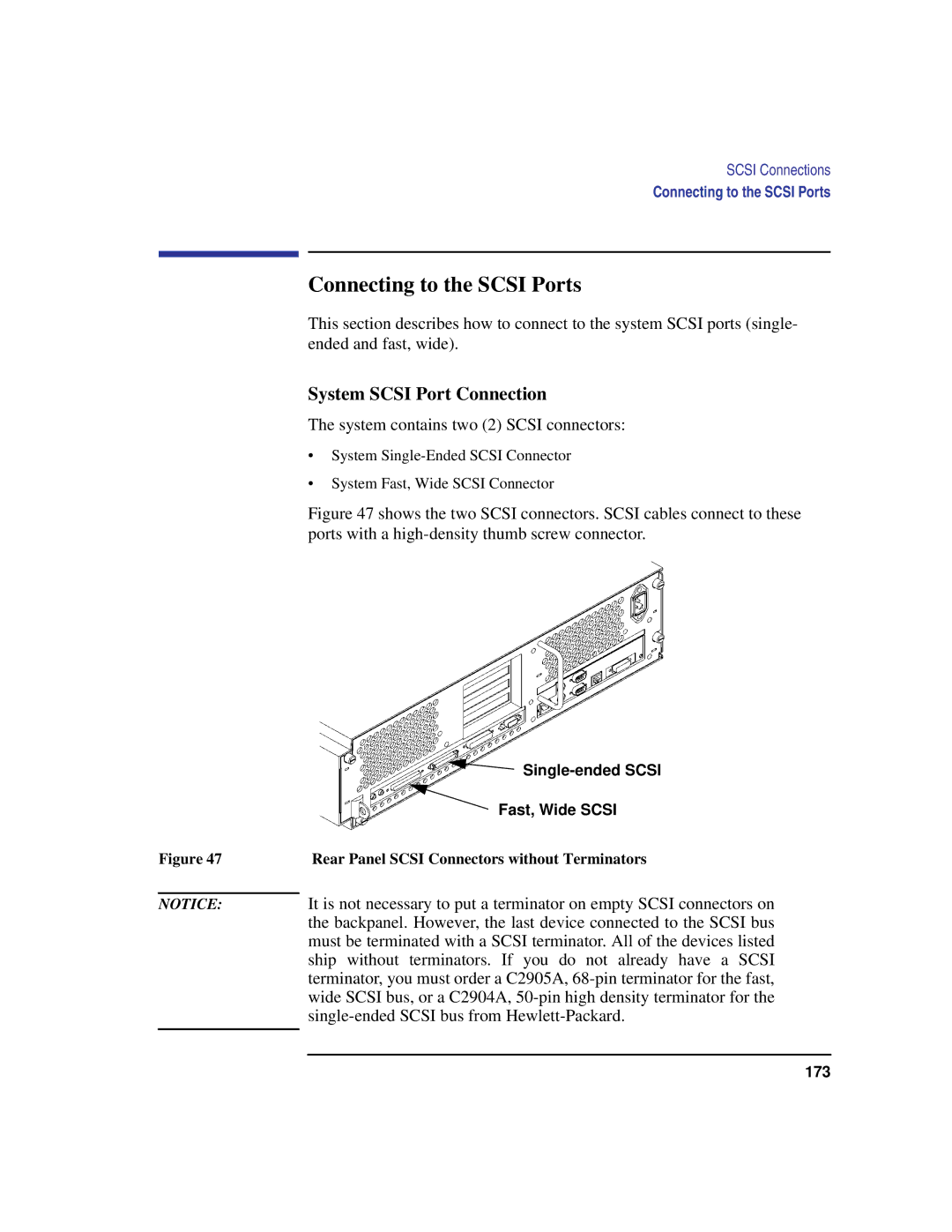 HP C100/110 manual Connecting to the Scsi Ports, System Scsi Port Connection, System contains two 2 Scsi connectors 