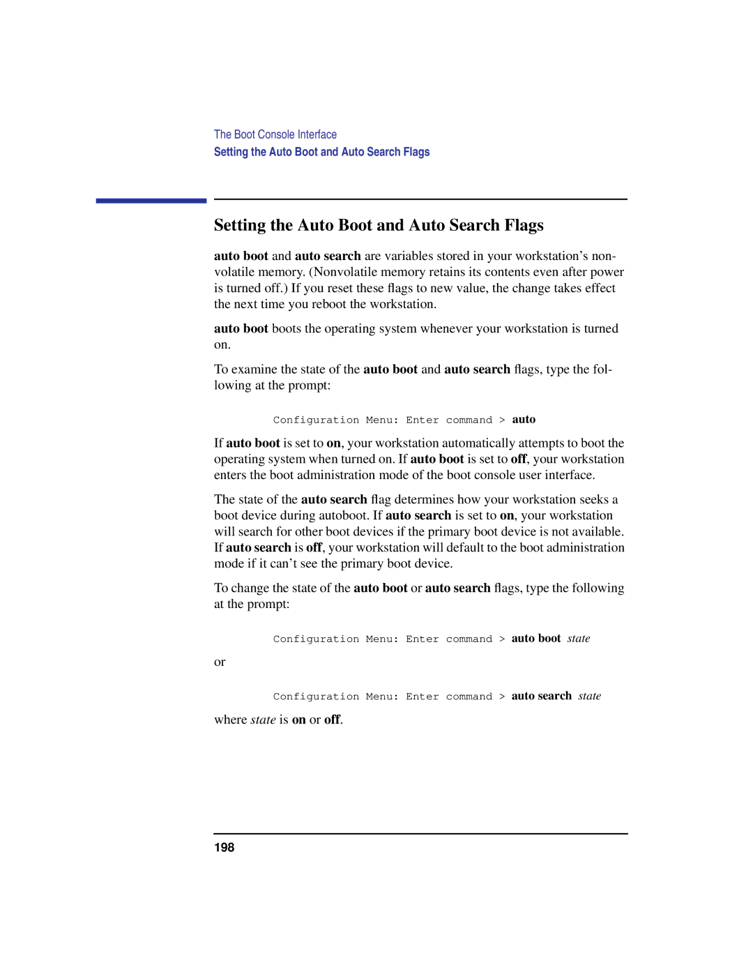 HP C100/110 manual Setting the Auto Boot and Auto Search Flags, Where state is on or off 