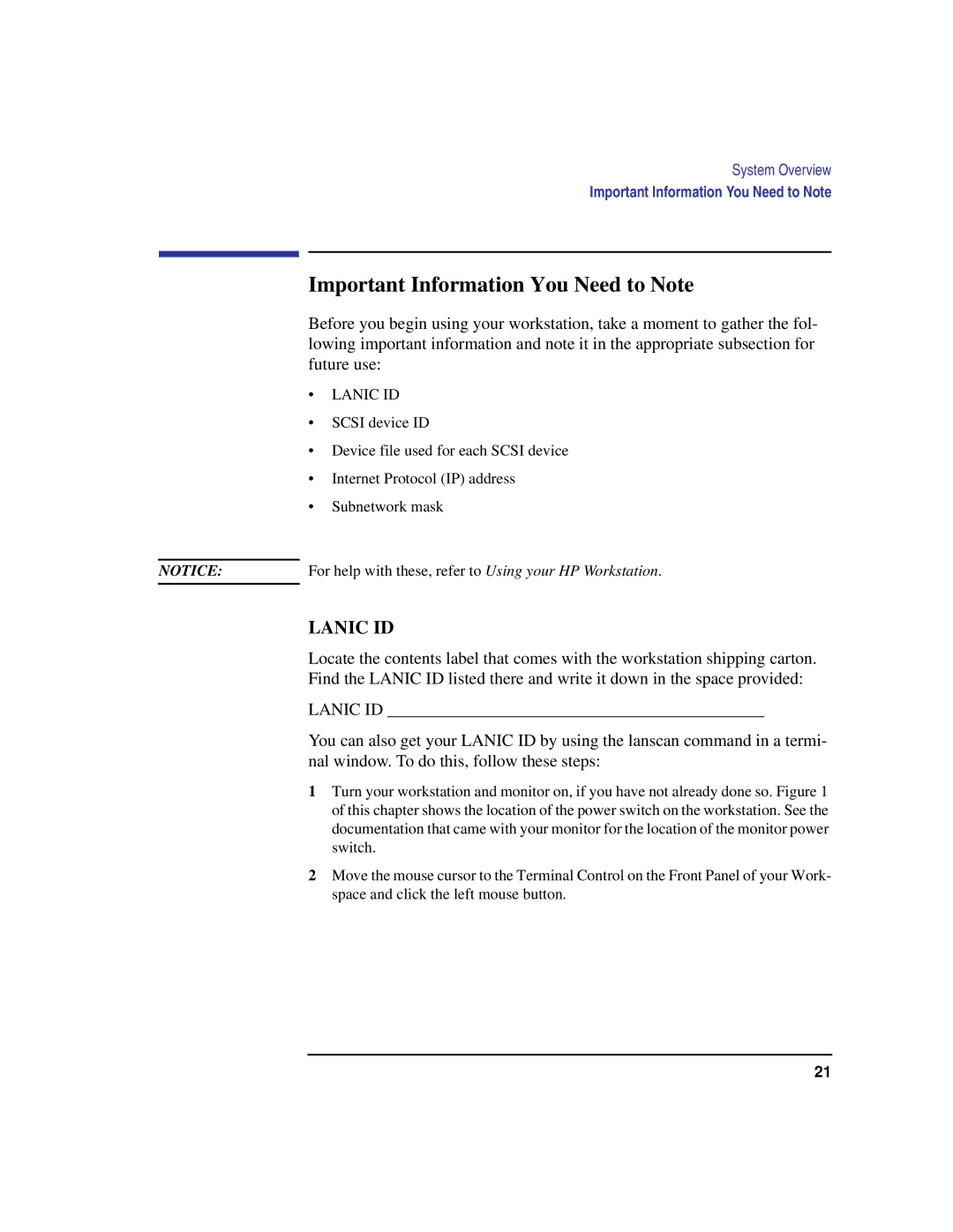 HP C100/110 manual Important Information You Need to Note, Lanic ID 