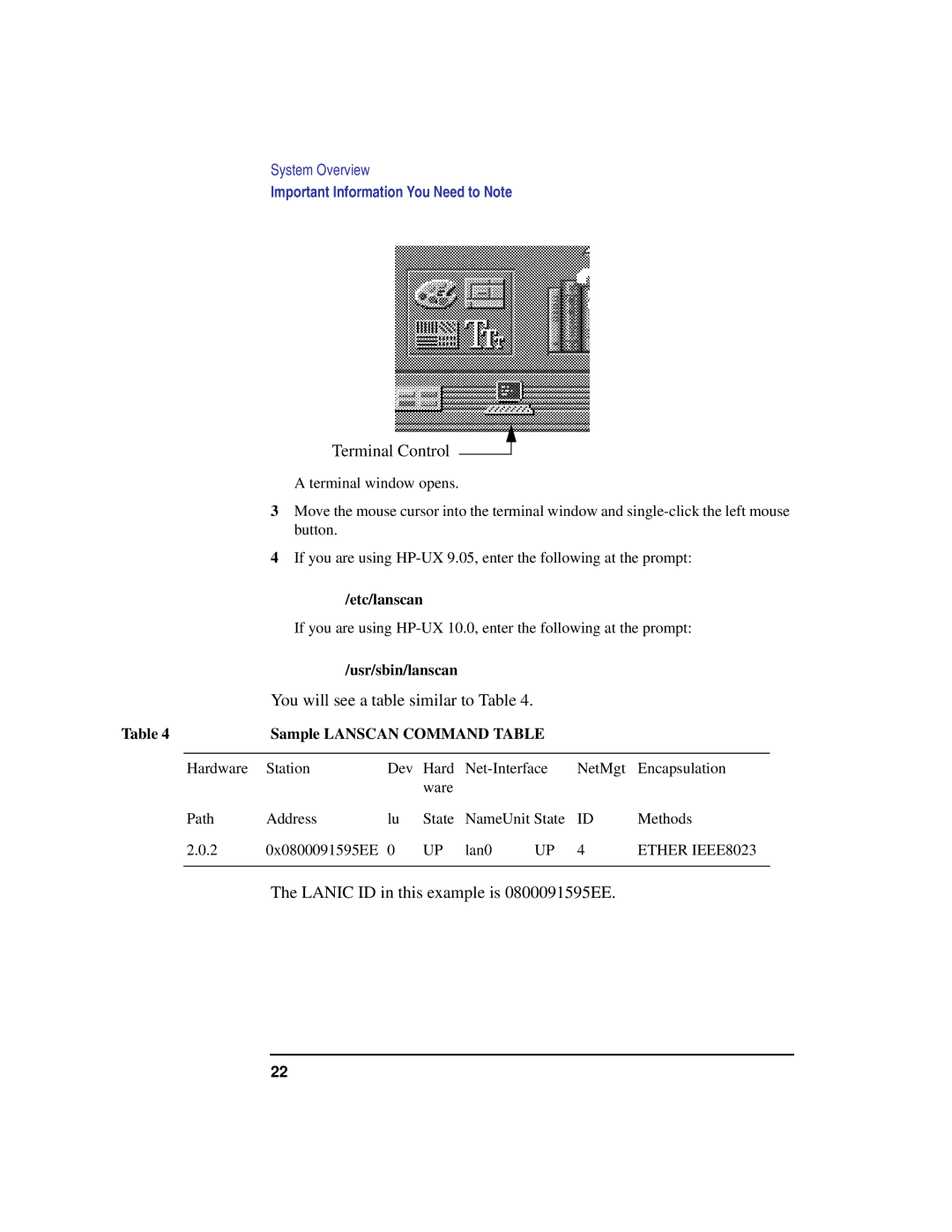 HP C100/110 manual Terminal Control, You will see a table similar to Table, Lanic ID in this example is 0800091595EE 