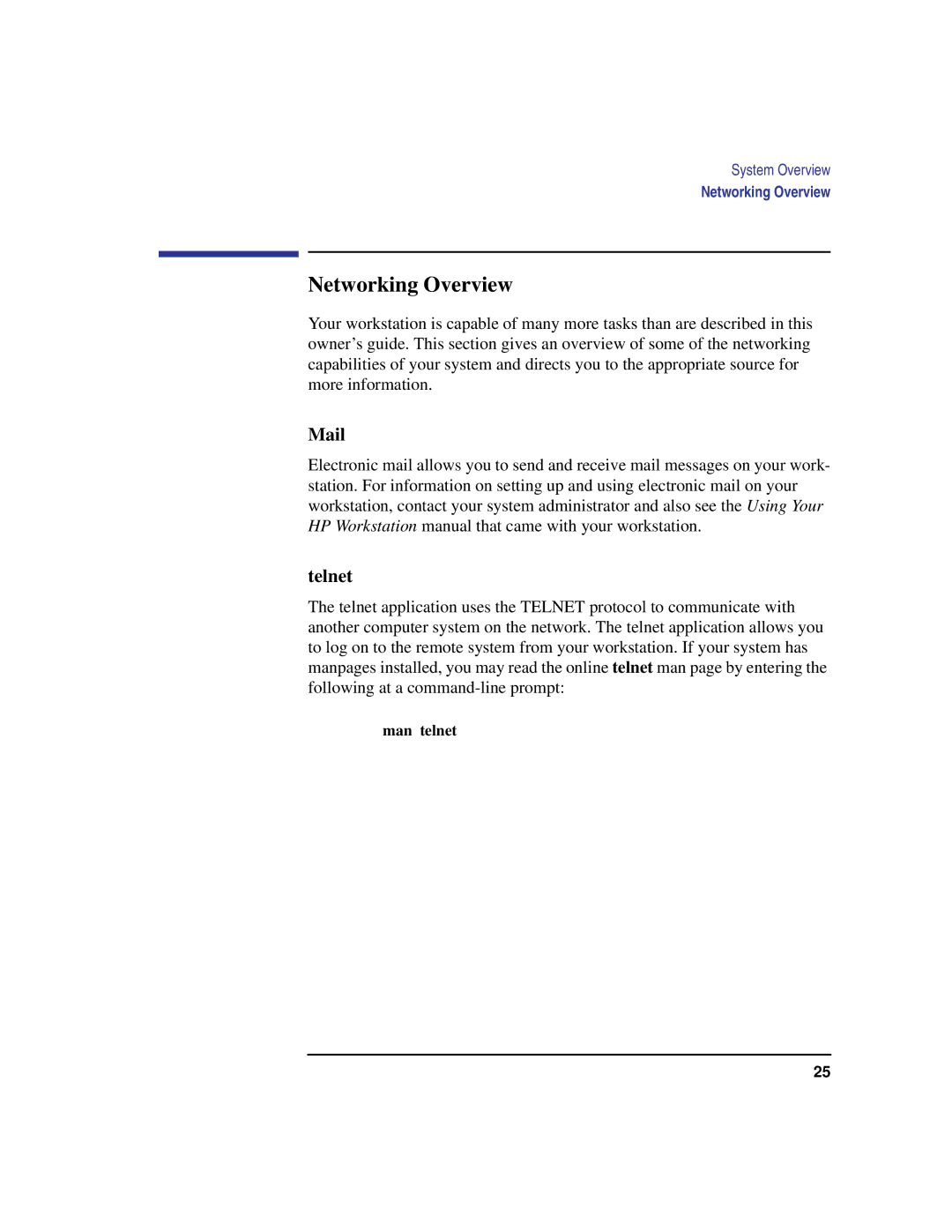 HP C100/110 manual Networking Overview, Mail, Telnet, Man telnet 
