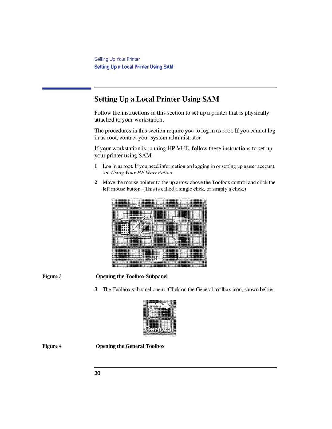 HP C100/110 manual Setting Up a Local Printer Using SAM, Opening the Toolbox Subpanel, Opening the General Toolbox 