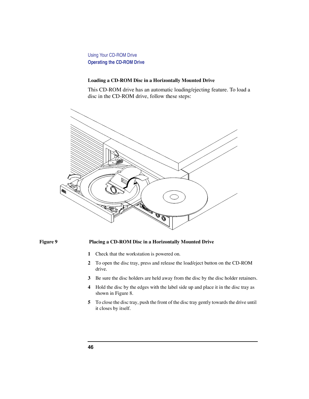 HP C100/110 Loading a CD-ROM Disc in a Horizontally Mounted Drive, Placing a CD-ROM Disc in a Horizontally Mounted Drive 