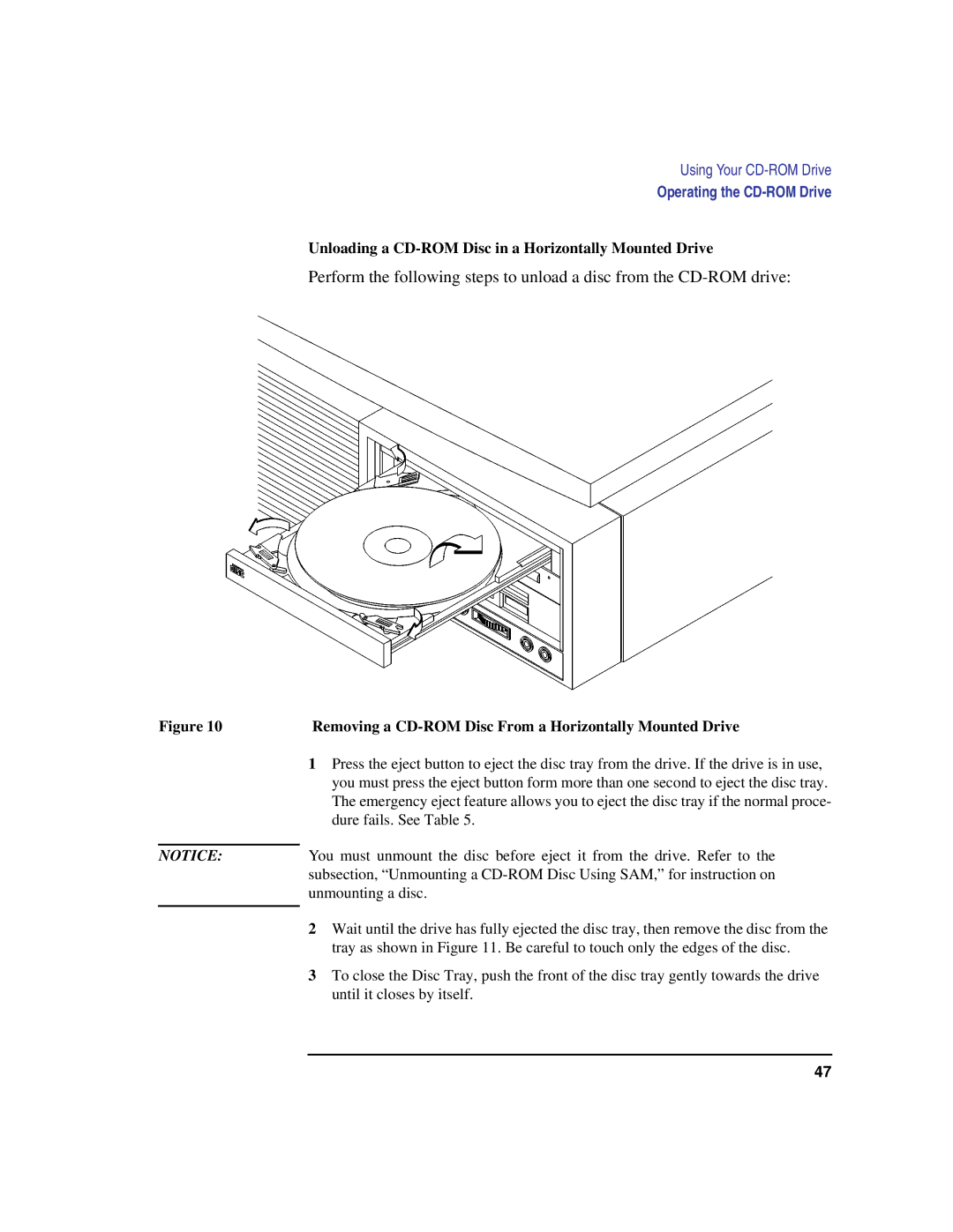 HP C100/110 manual Unloading a CD-ROM Disc in a Horizontally Mounted Drive 