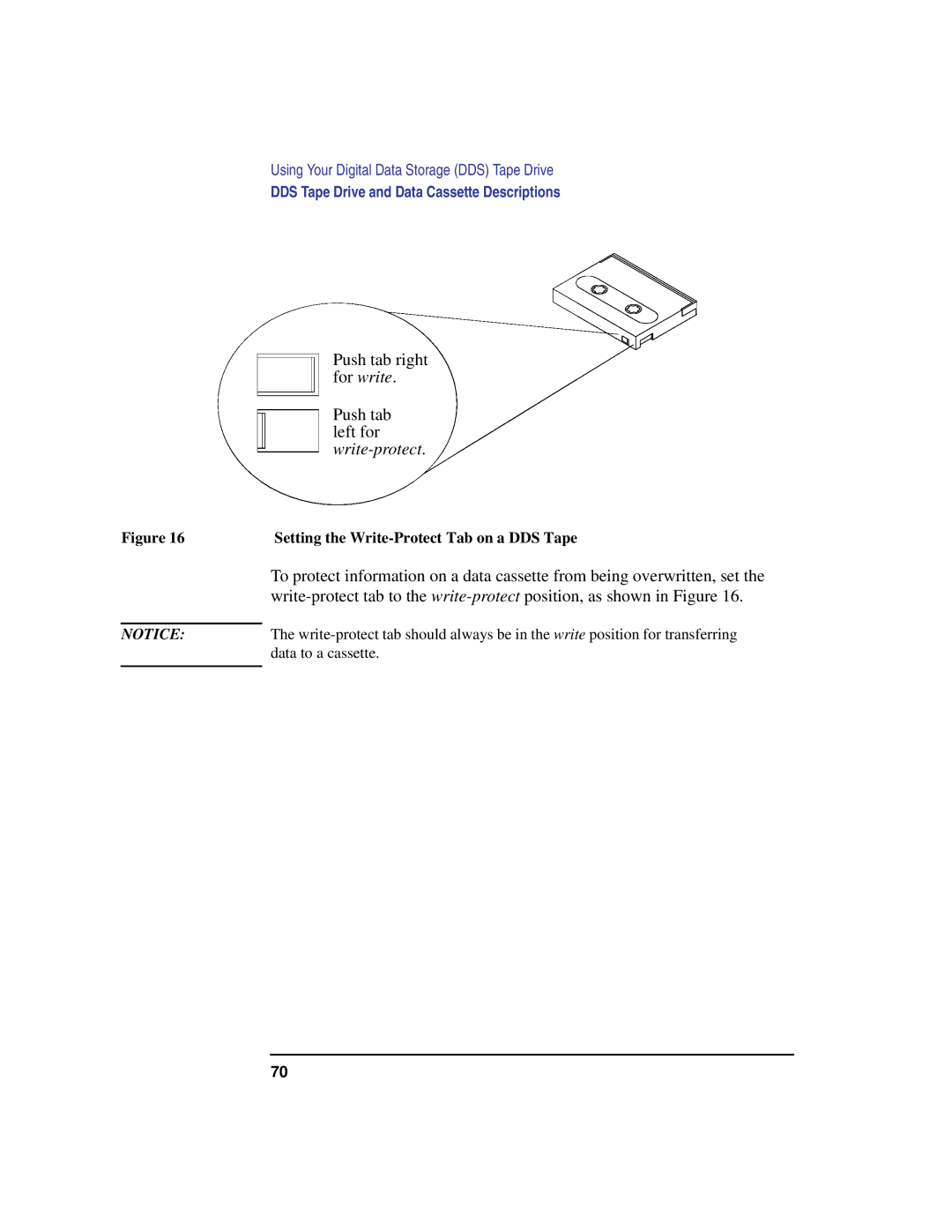 HP C100/110 manual Push tab right for write Push tab left for write-protect, Setting the Write-Protect Tab on a DDS Tape 