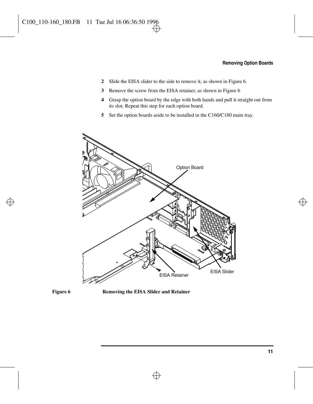 HP C110 to C160 manual C100110-160180.FB 11 Tue Jul 16 063650, Removing the Eisa Slider and Retainer 