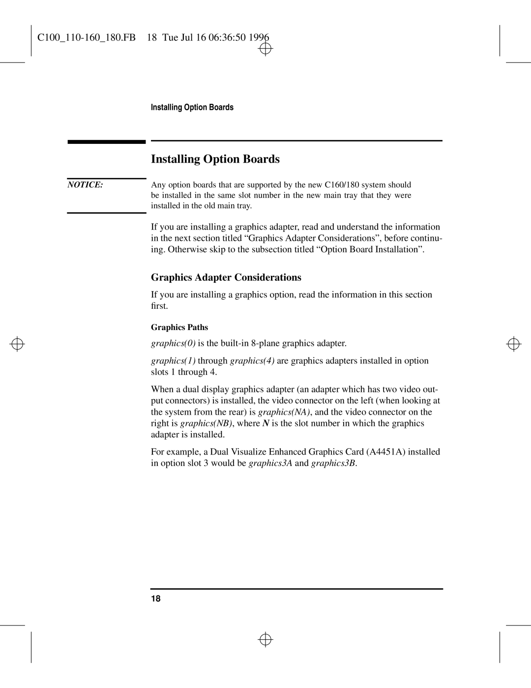 HP C110 to C160 manual Installing Option Boards, C100110-160180.FB 18 Tue Jul 16 063650, Graphics Paths 