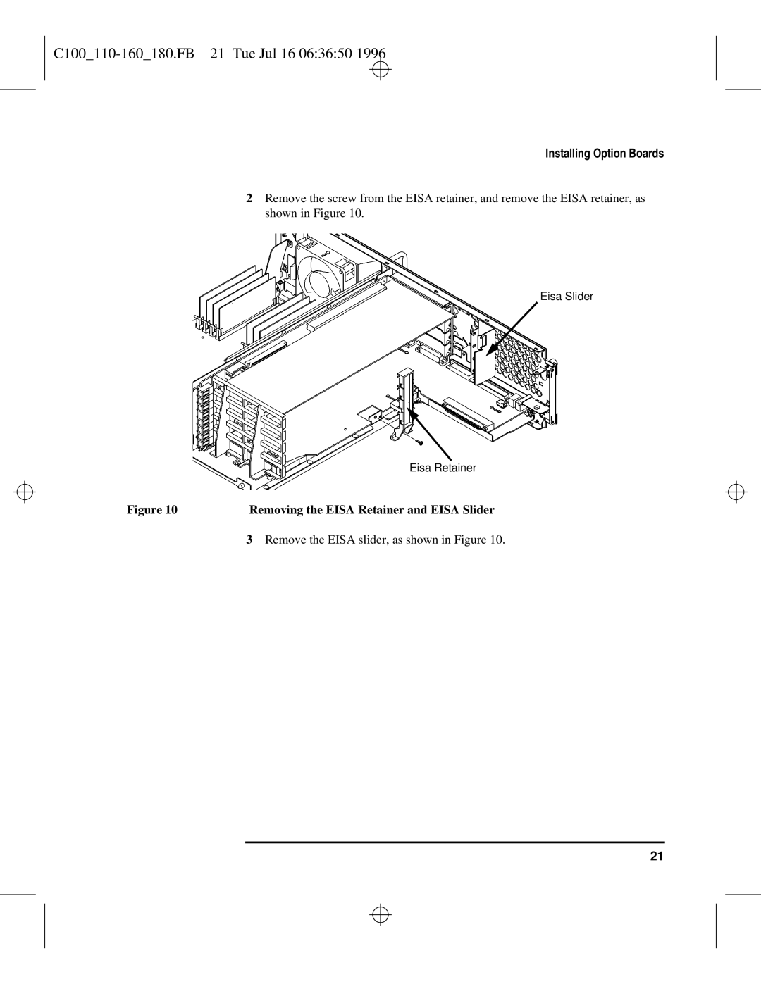 HP C110 to C160 manual C100110-160180.FB 21 Tue Jul 16 063650, Removing the Eisa Retainer and Eisa Slider 