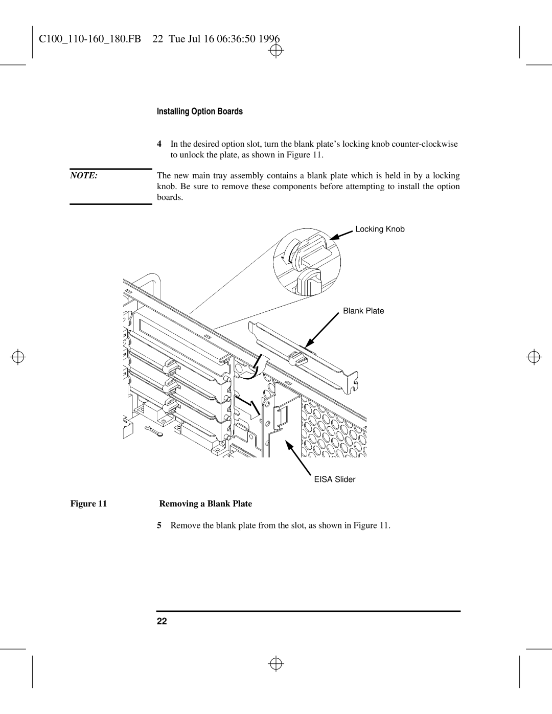HP C110 to C160 manual C100110-160180.FB 22 Tue Jul 16 063650, Removing a Blank Plate 