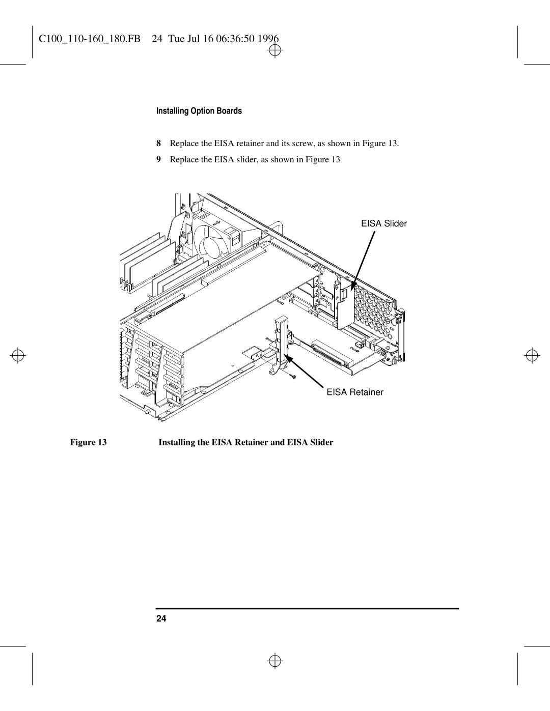 HP C110 to C160 manual C100110-160180.FB 24 Tue Jul 16 063650, Installing the Eisa Retainer and Eisa Slider 