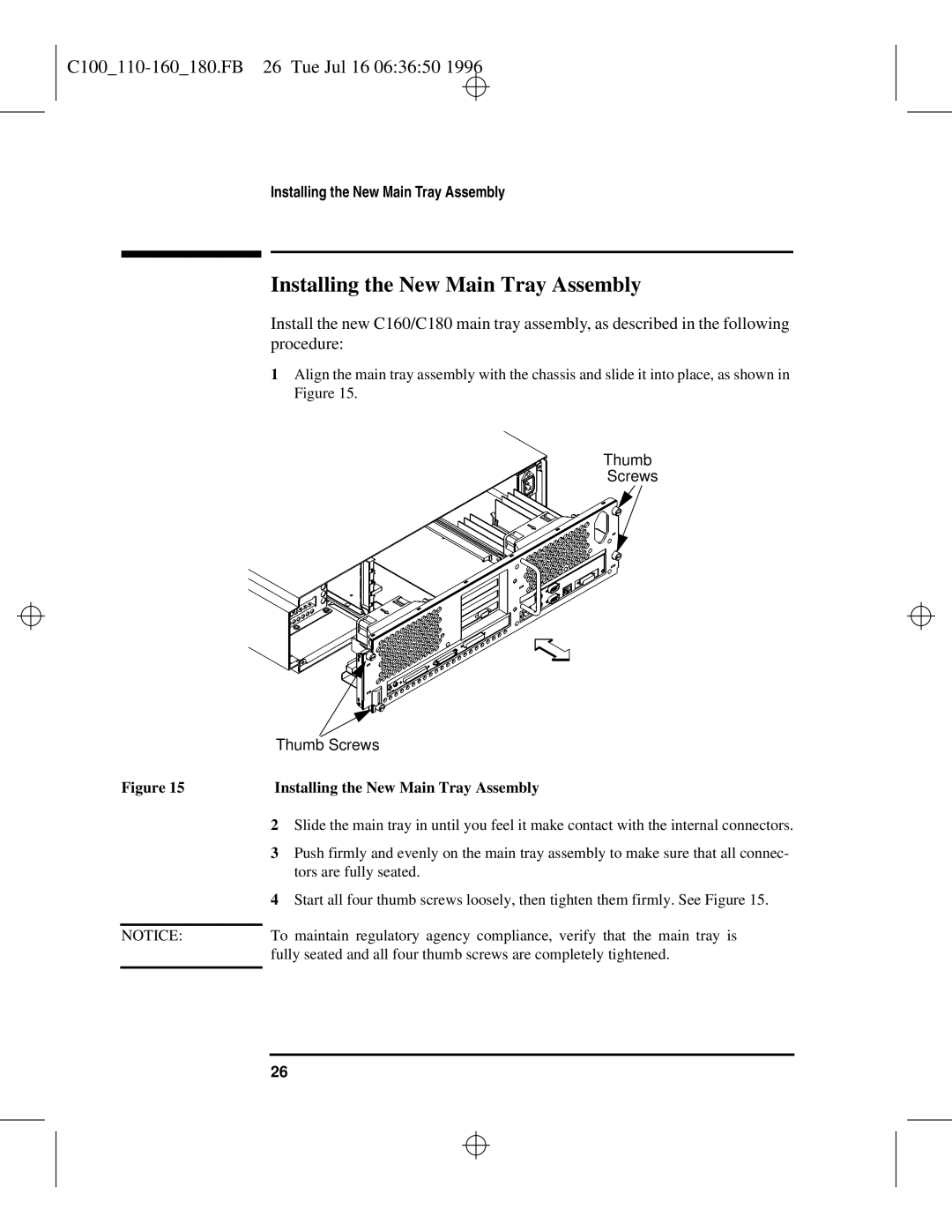 HP C110 to C160 manual Installing the New Main Tray Assembly, C100110-160180.FB 26 Tue Jul 16 063650 