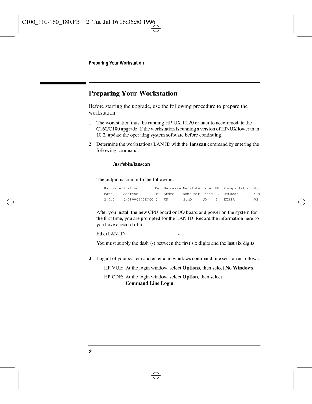 HP C110 to C160 Preparing Your Workstation, C100110-160180.FB 2 Tue Jul 16 063650, Usr/sbin/lanscan, Command Line Login 