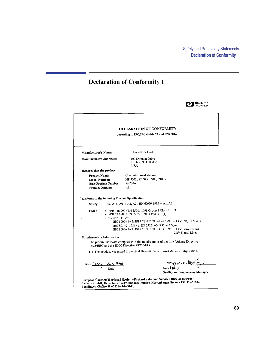 HP C180 manual Declaration of Conformity 