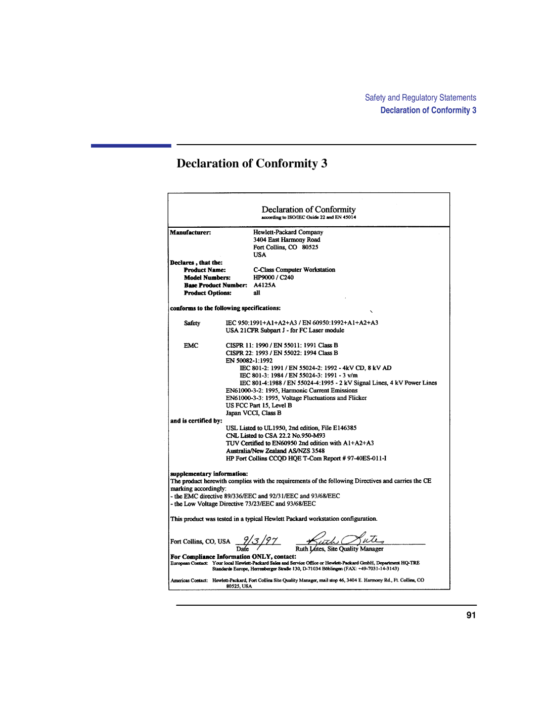 HP C180 manual Declaration of Conformity 