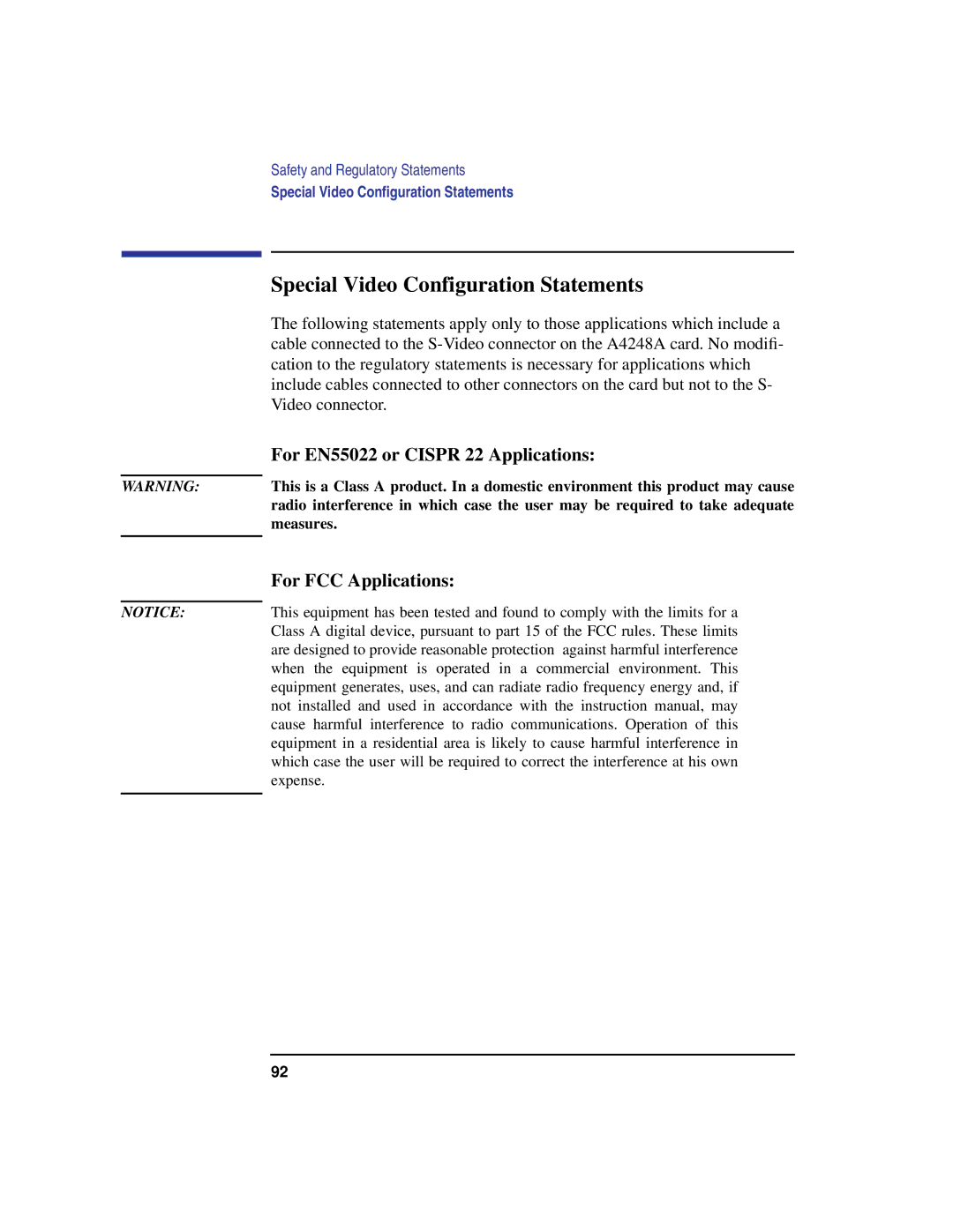 HP C180 manual Special Video Configuration Statements, For EN55022 or Cispr 22 Applications, For FCC Applications 