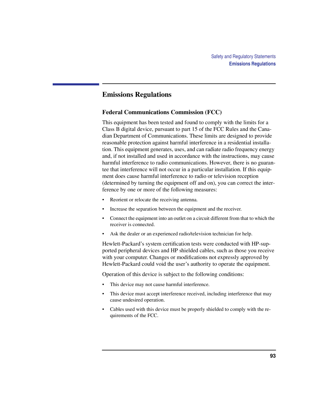 HP C180 manual Emissions Regulations, Federal Communications Commission FCC 