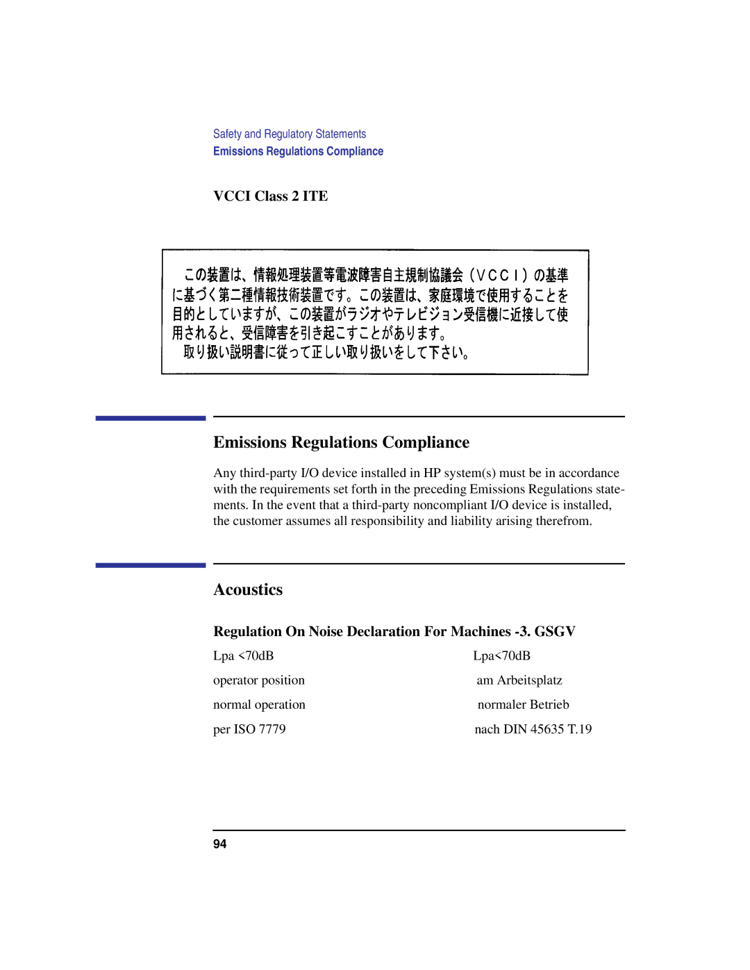 HP C180 manual Emissions Regulations Compliance, Acoustics, Vcci Class 2 ITE 