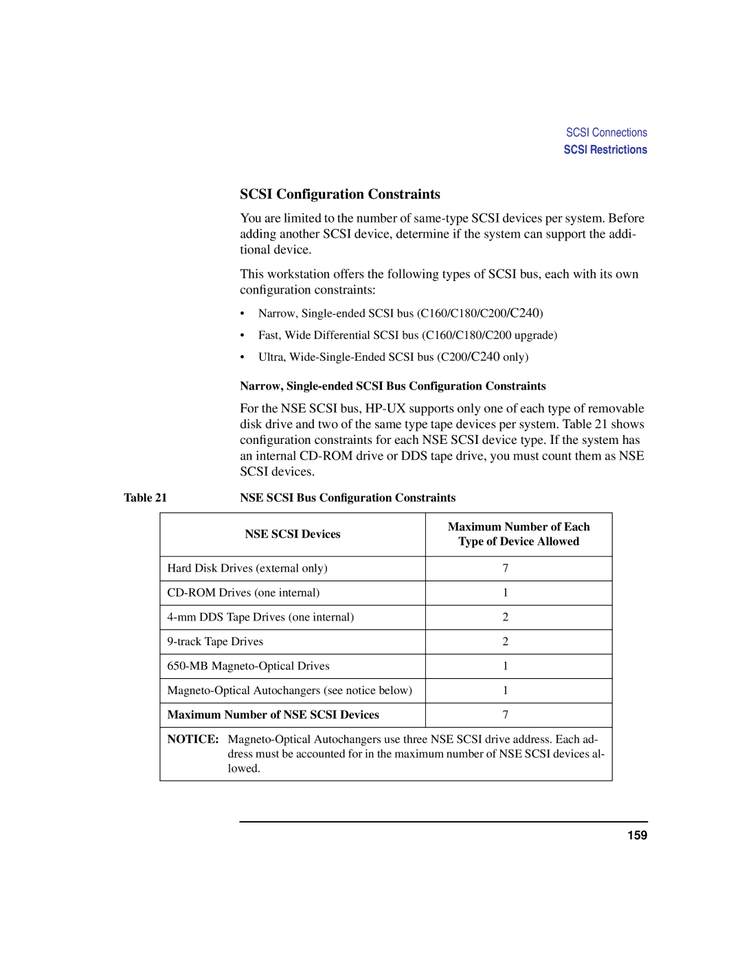 HP C180 manual Scsi Configuration Constraints, Narrow, Single-ended Scsi Bus Configuration Constraints 