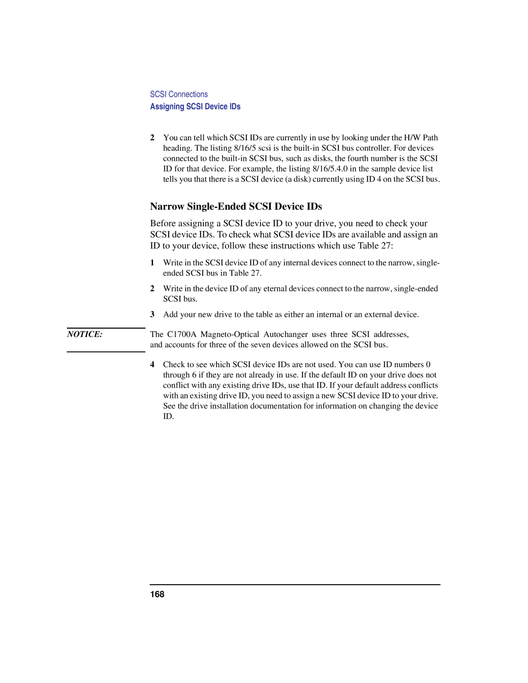 HP C180 manual Narrow Single-Ended Scsi Device IDs, 168 