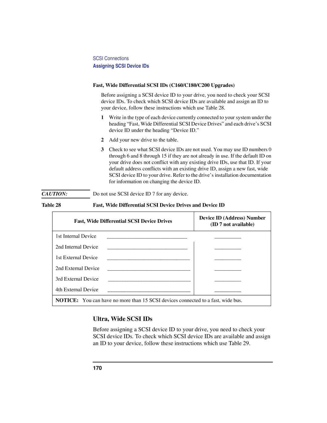 HP manual Ultra, Wide Scsi IDs, Fast, Wide Differential Scsi IDs C160/C180/C200 Upgrades 