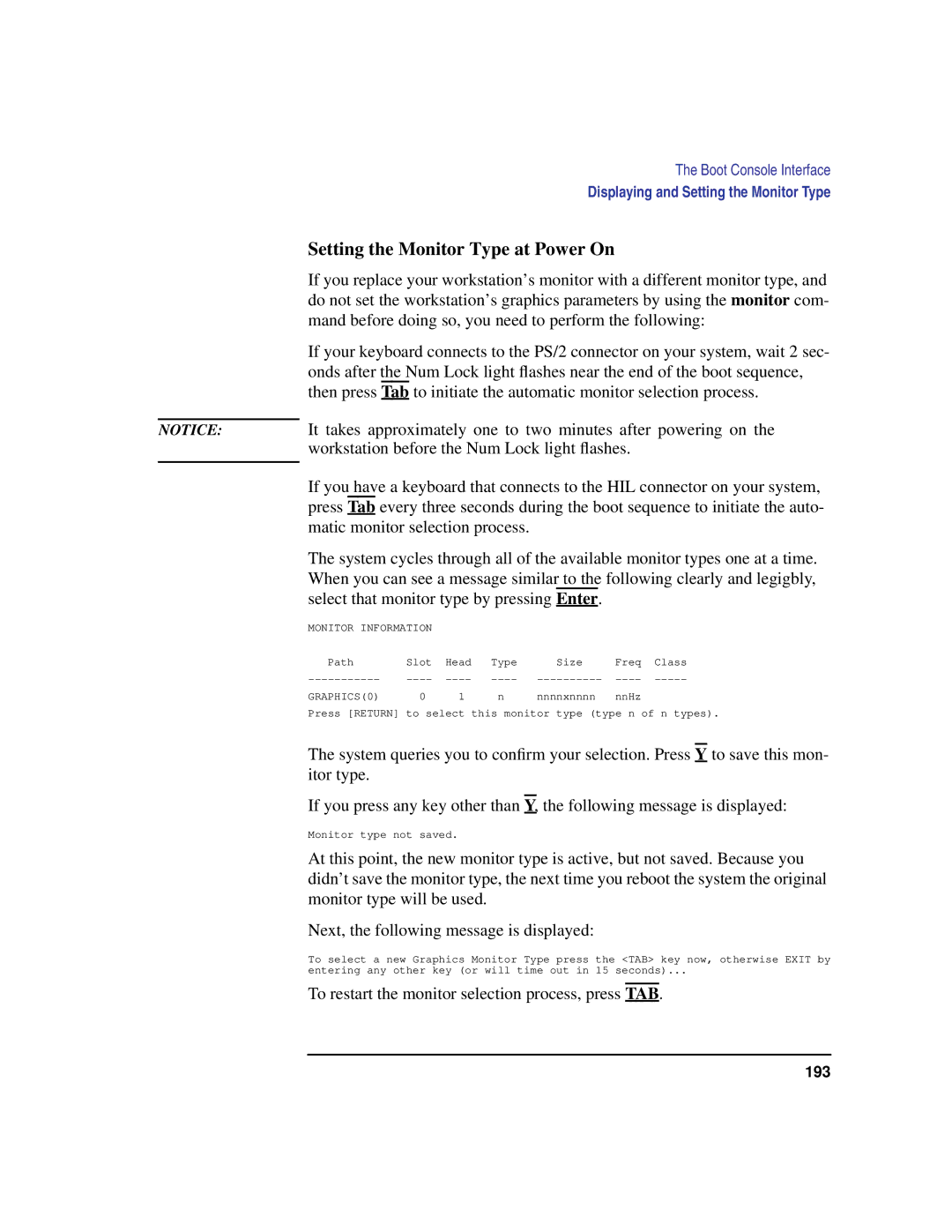 HP C180 manual Setting the Monitor Type at Power On, To restart the monitor selection process, press TAB 