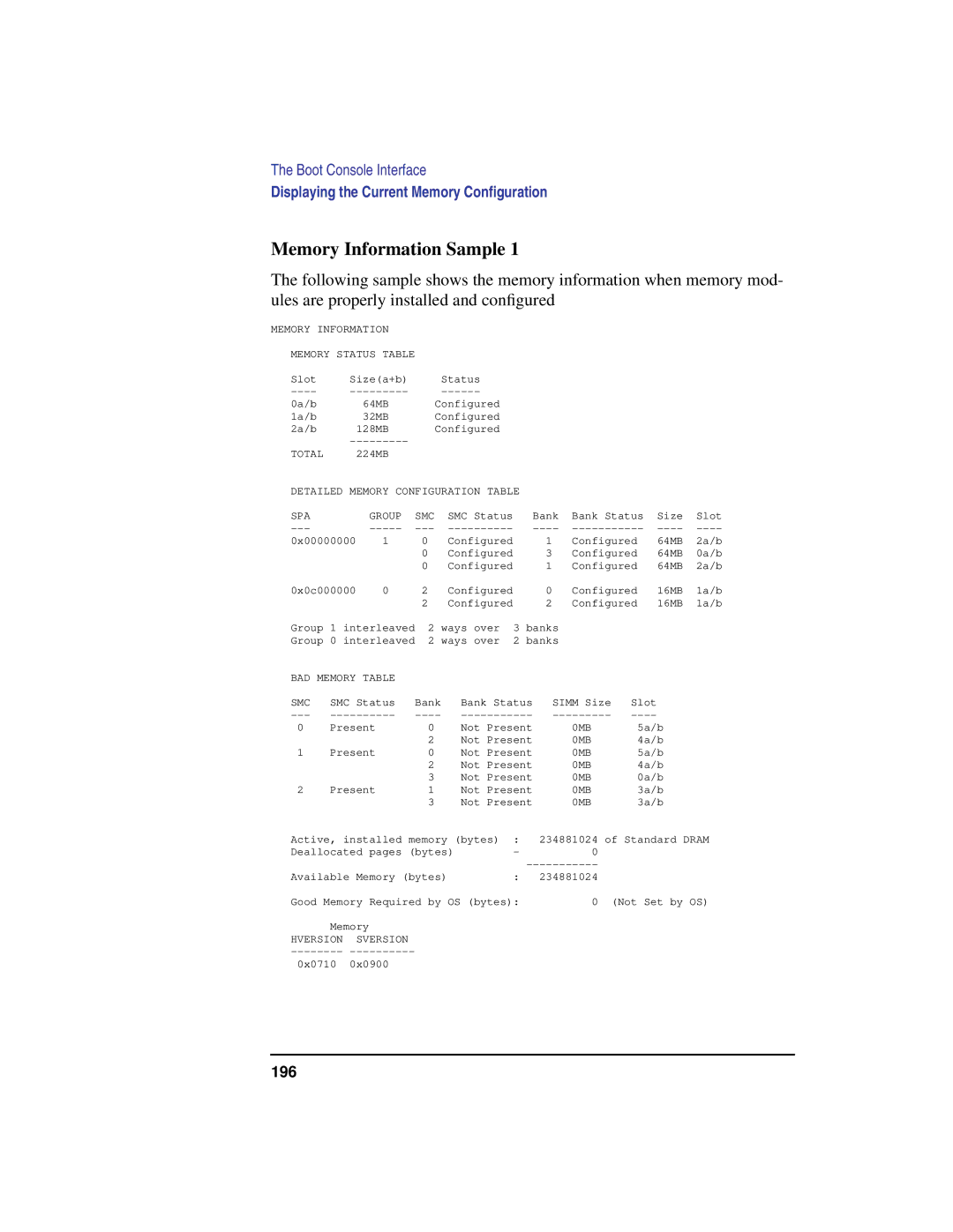 HP C180 manual Memory Information Sample, Detailed Memory Configuration Table SPA Group 