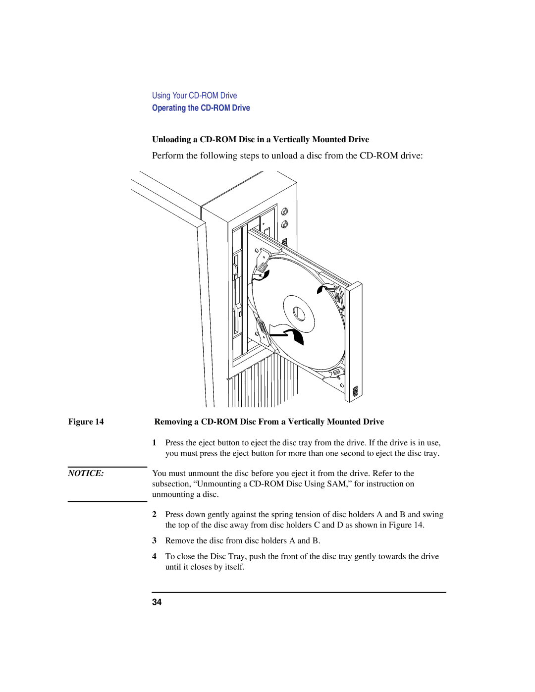 HP C180 Unloading a CD-ROM Disc in a Vertically Mounted Drive, Removing a CD-ROM Disc From a Vertically Mounted Drive 