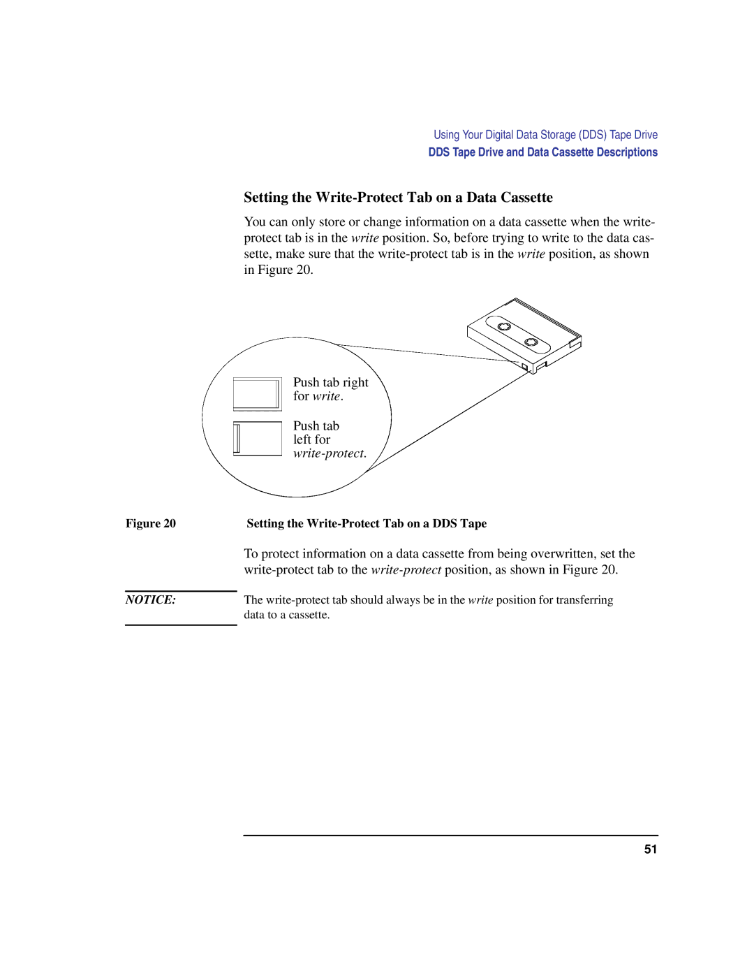 HP C180 manual Setting the Write-Protect Tab on a Data Cassette, Setting the Write-Protect Tab on a DDS Tape 