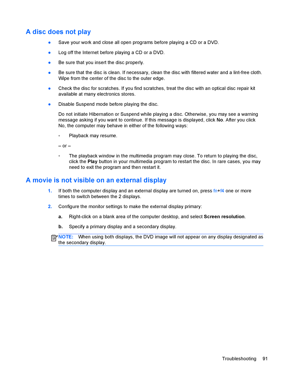 HP C1E67UT manual Disc does not play, Movie is not visible on an external display 