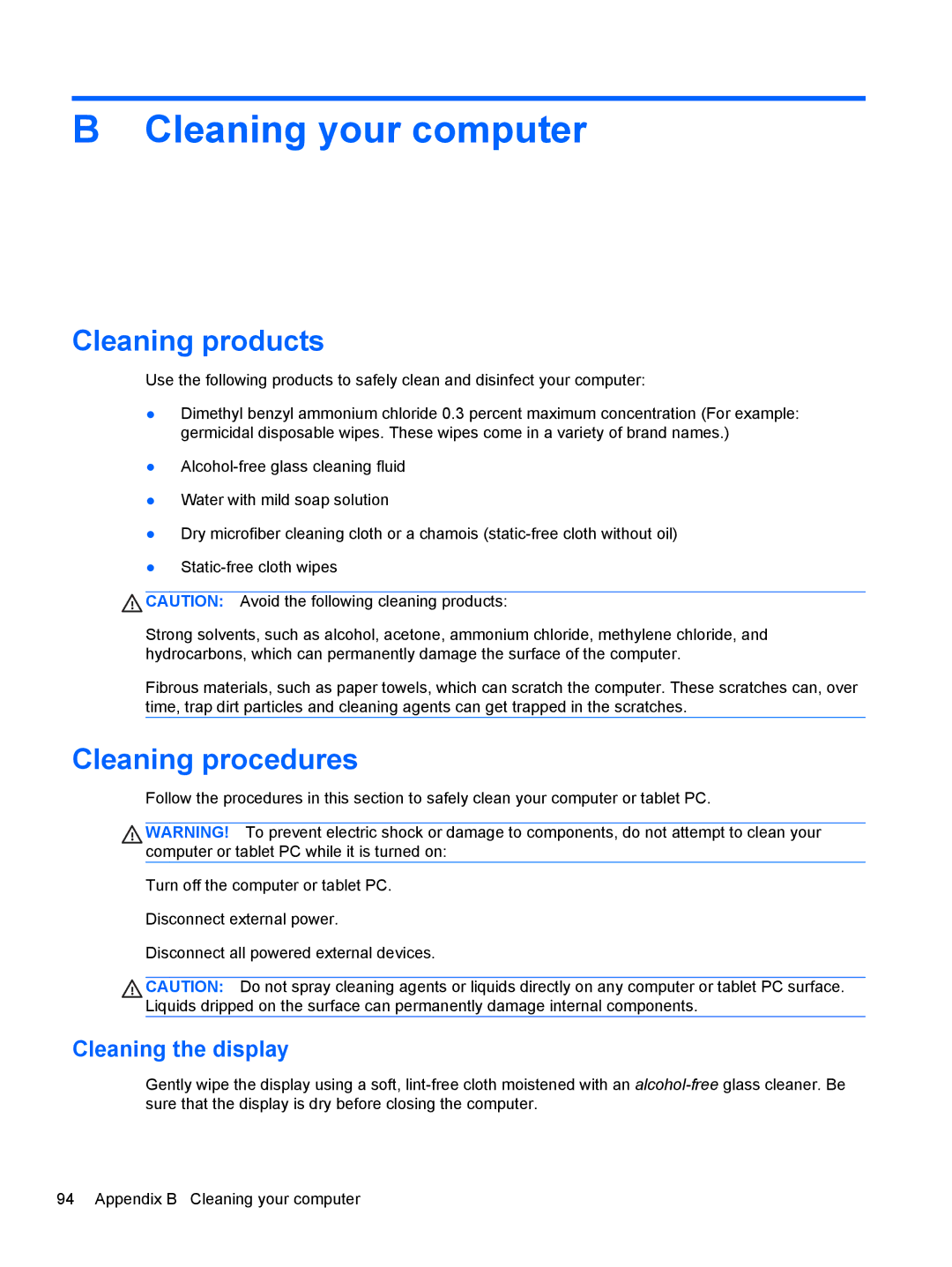 HP C1E67UT manual Cleaning your computer, Cleaning products, Cleaning procedures, Cleaning the display 