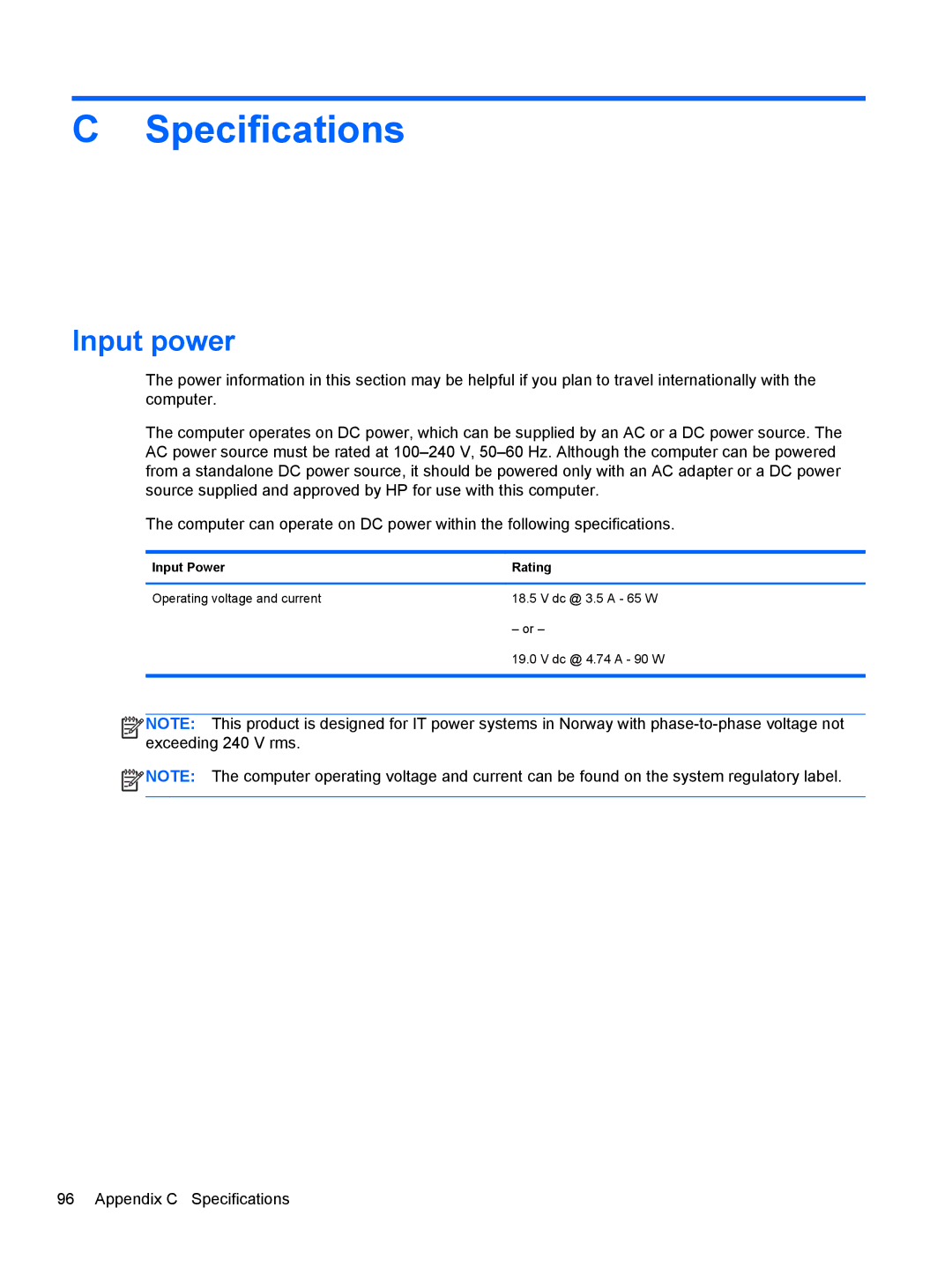 HP C1E67UT manual Specifications, Input power 