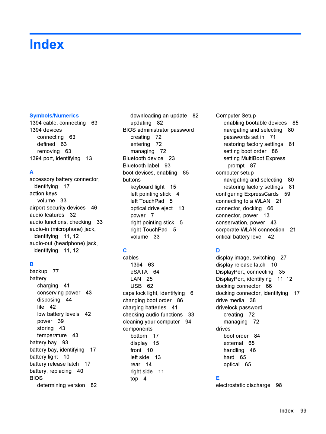 HP C1E67UT manual Index, Symbols/Numerics 