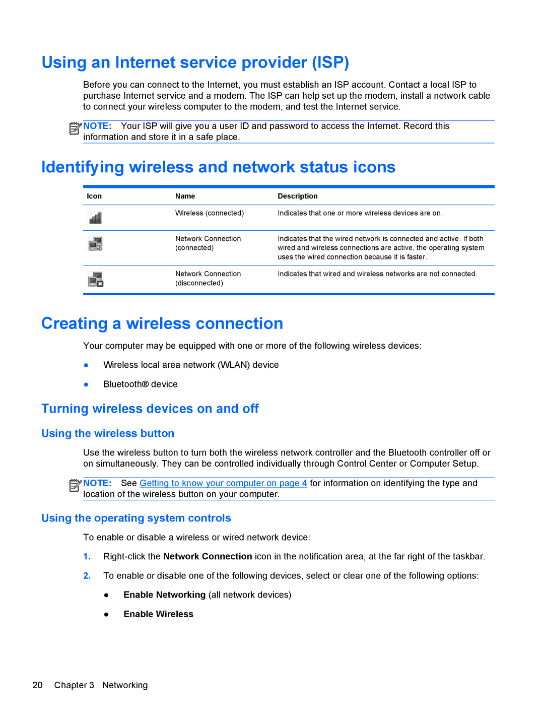 HP C1E67UT manual Using an Internet service provider ISP, Identifying wireless and network status icons 