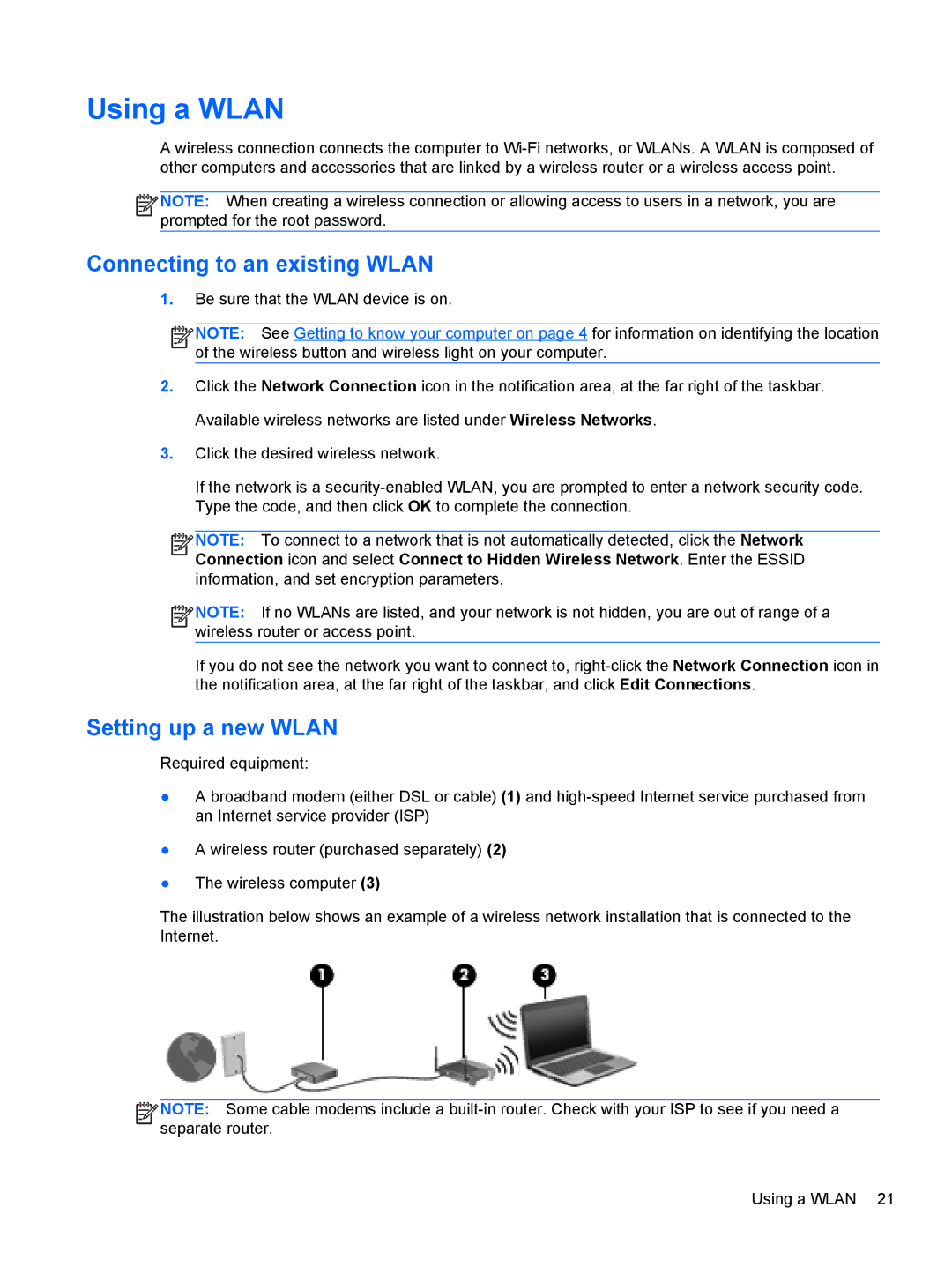 HP C1E67UT manual Using a Wlan, Connecting to an existing Wlan, Setting up a new Wlan 