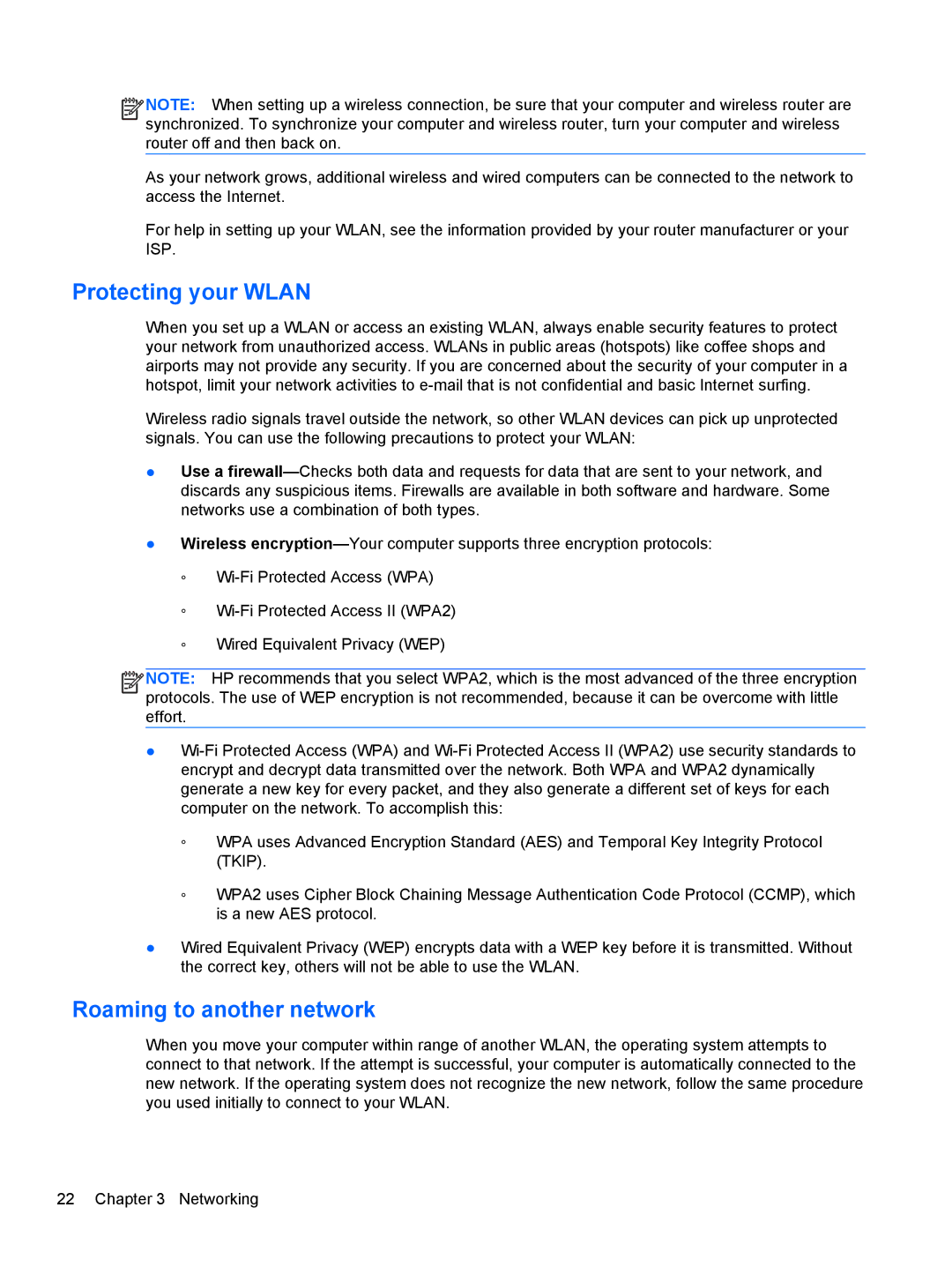 HP C1E67UT manual Protecting your Wlan, Roaming to another network 