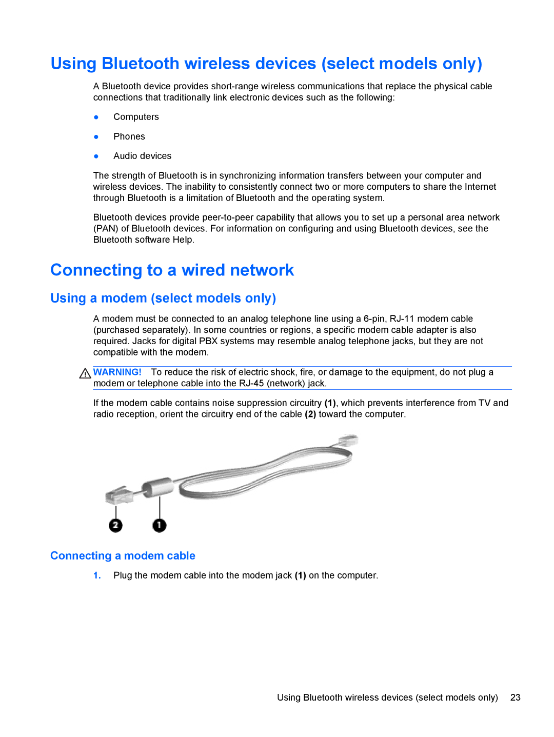 HP C1E67UT Using Bluetooth wireless devices select models only, Connecting to a wired network, Connecting a modem cable 