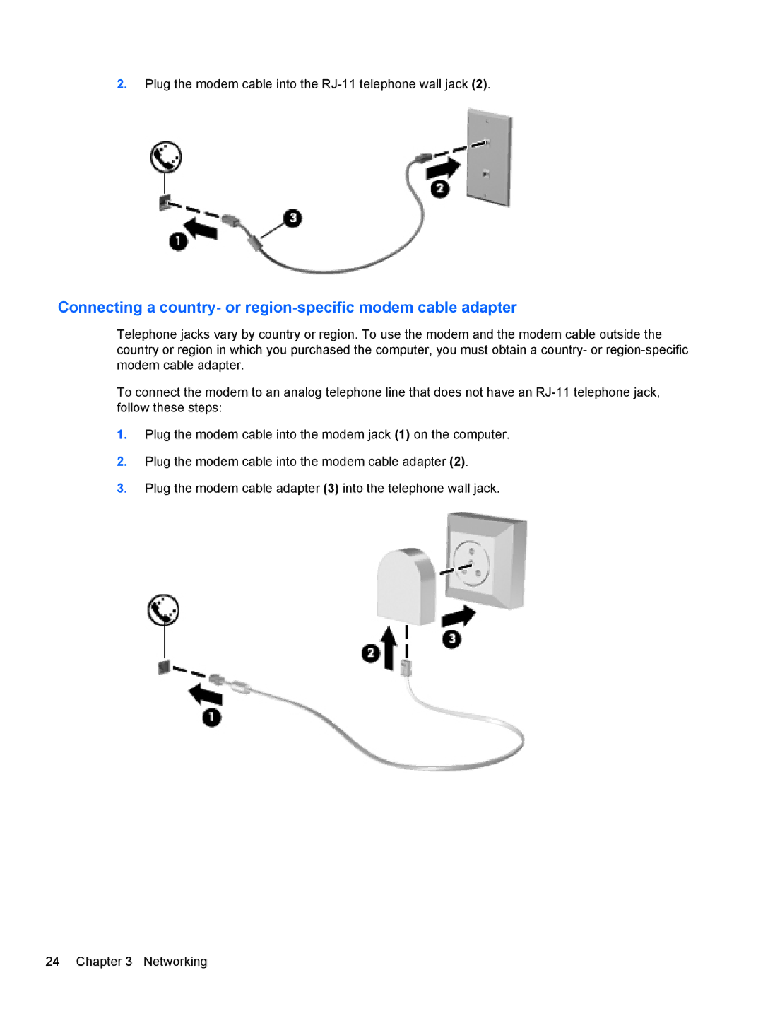 HP C1E67UT manual Connecting a country- or region-specific modem cable adapter 