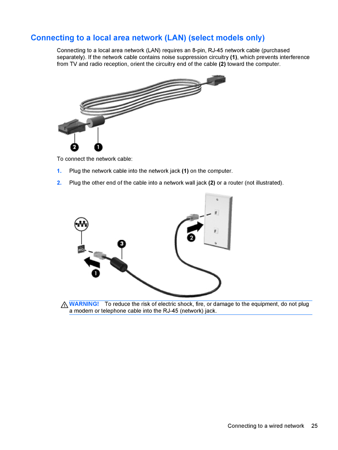 HP C1E67UT manual Connecting to a local area network LAN select models only 