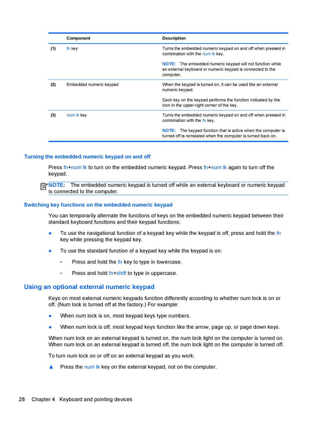HP C1E67UT manual Using an optional external numeric keypad, Turning the embedded numeric keypad on and off 