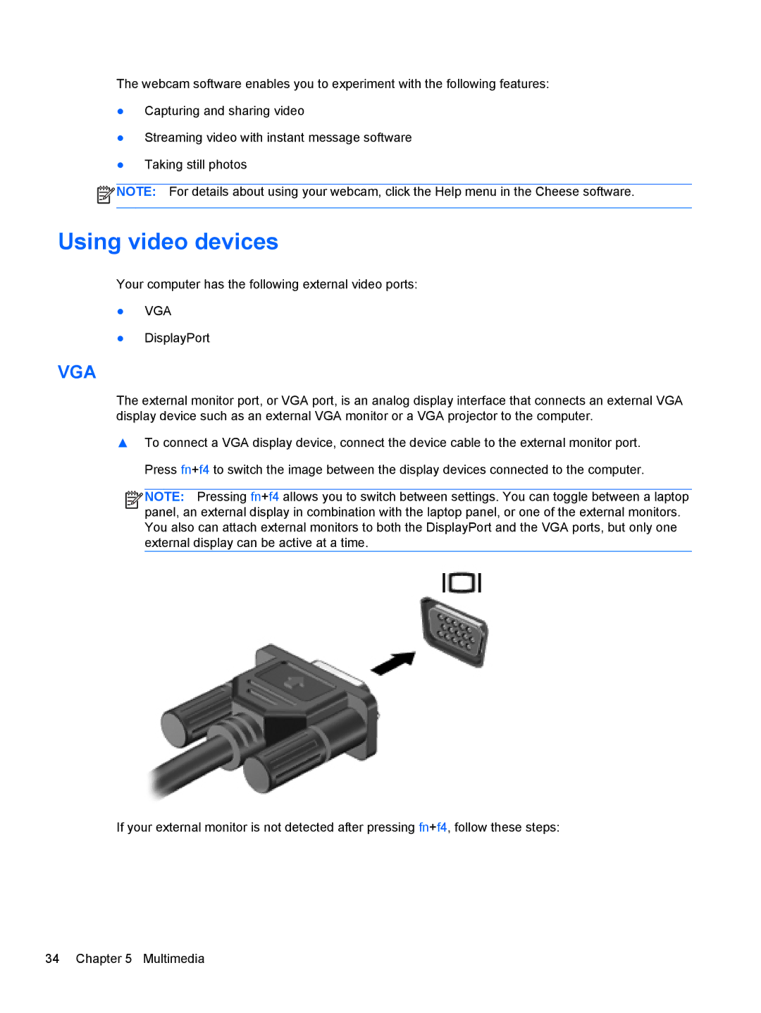 HP C1E67UT manual Using video devices, Vga 