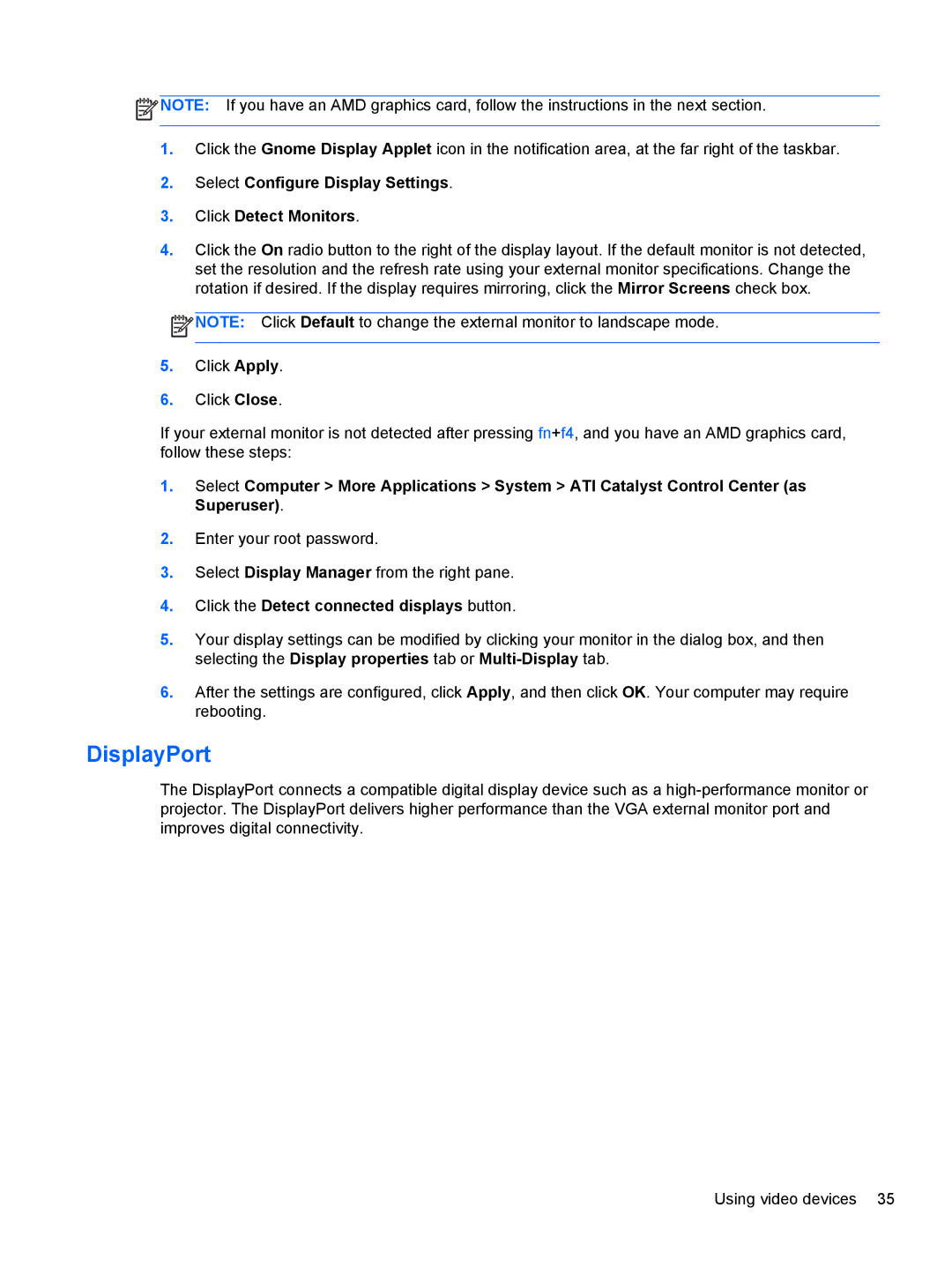 HP C1E67UT manual DisplayPort, Select Configure Display Settings Click Detect Monitors 