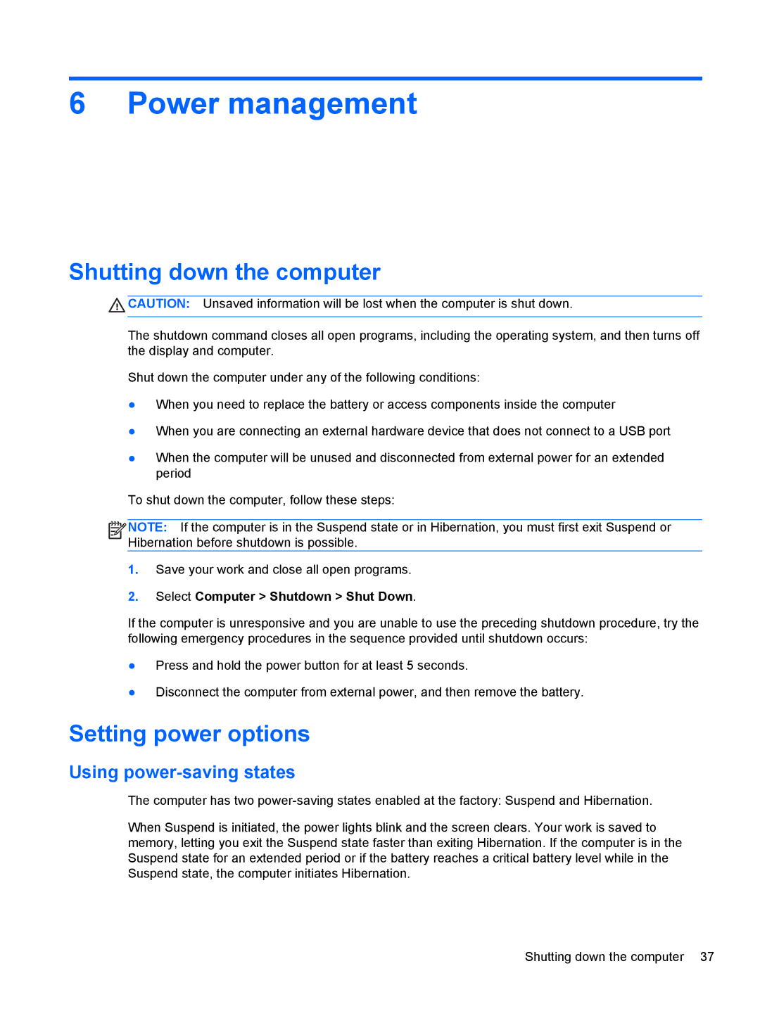 HP C1E67UT manual Power management, Shutting down the computer, Setting power options, Using power-saving states 