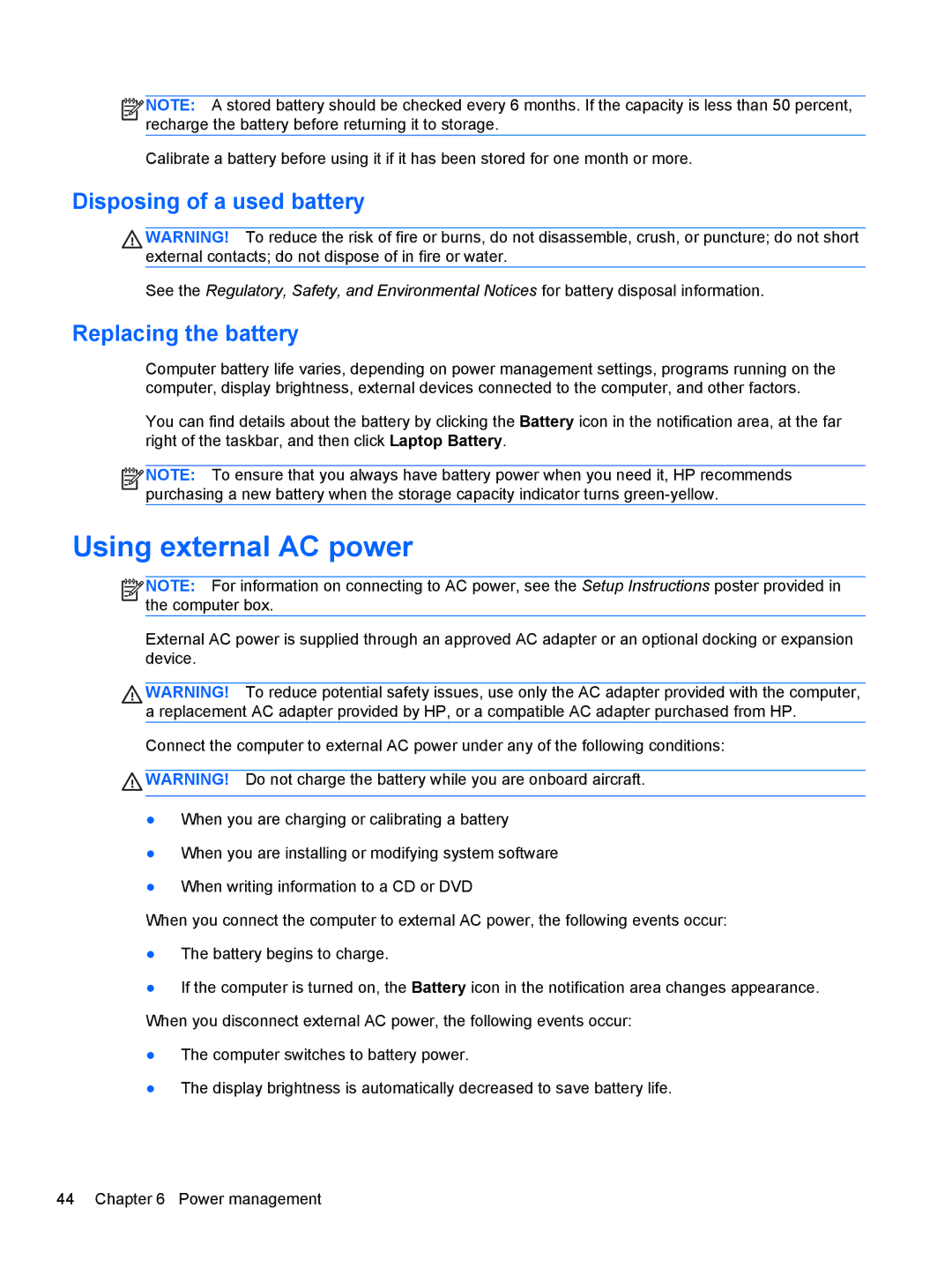 HP C1E67UT manual Using external AC power, Disposing of a used battery, Replacing the battery 