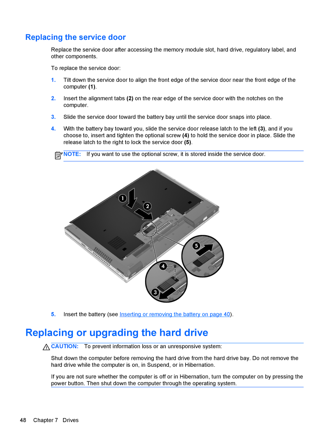 HP C1E67UT manual Replacing or upgrading the hard drive, Replacing the service door 