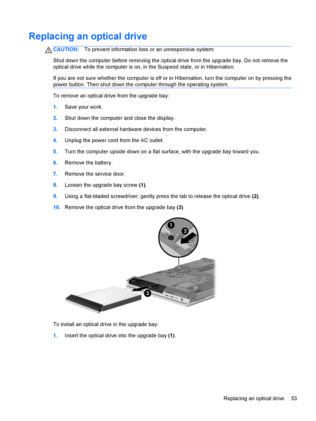 HP C1E67UT manual Replacing an optical drive 